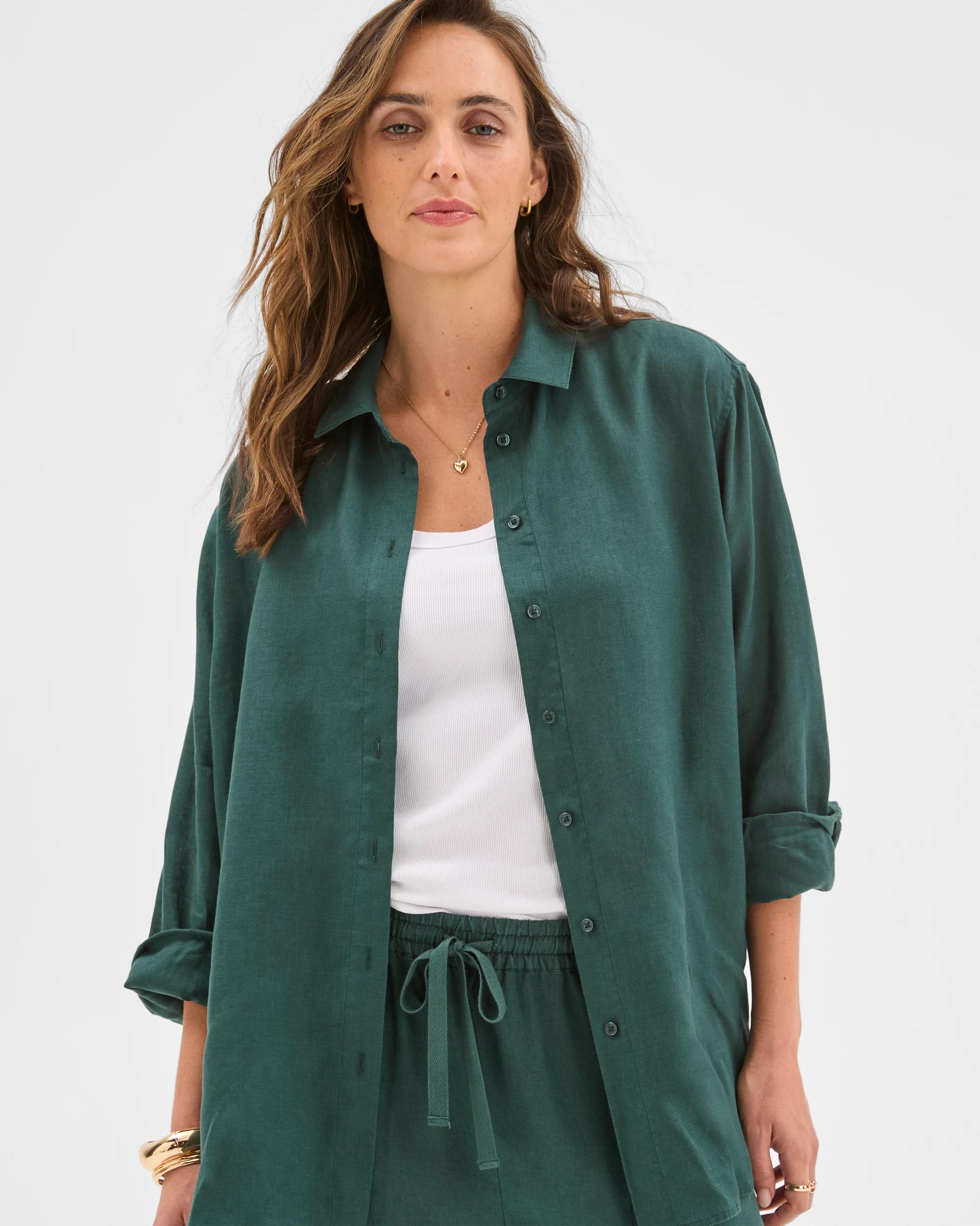 2 Target European Linen Long Sleeve Shirt DEEP GREEN, 2 of 6