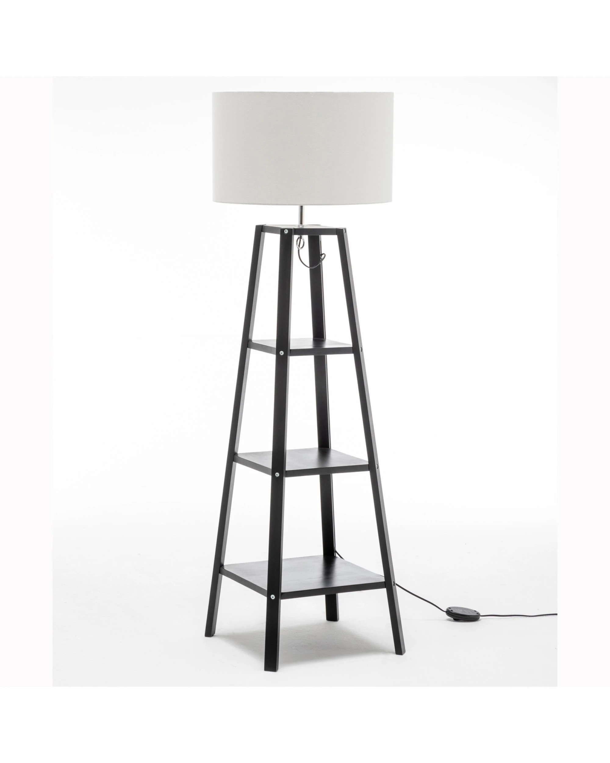 1 BR Home Natural Wood Floor Lamp with Storage Shelves and Off White Linen Shade, 1 of 8