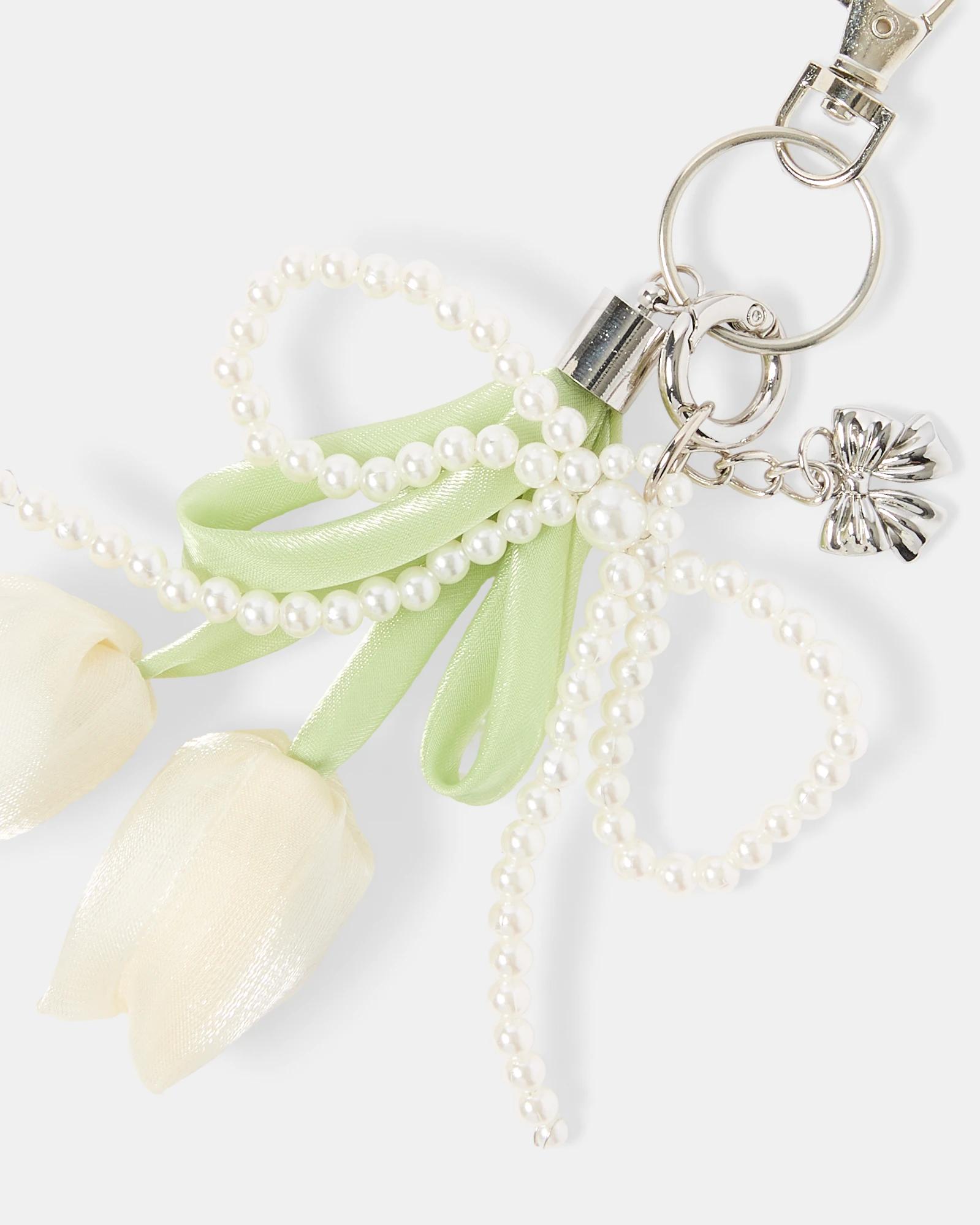 3 Tulip Faux Pearl Bag Charm Keyring - White, Green and Silver Tone White2, 3 of 3