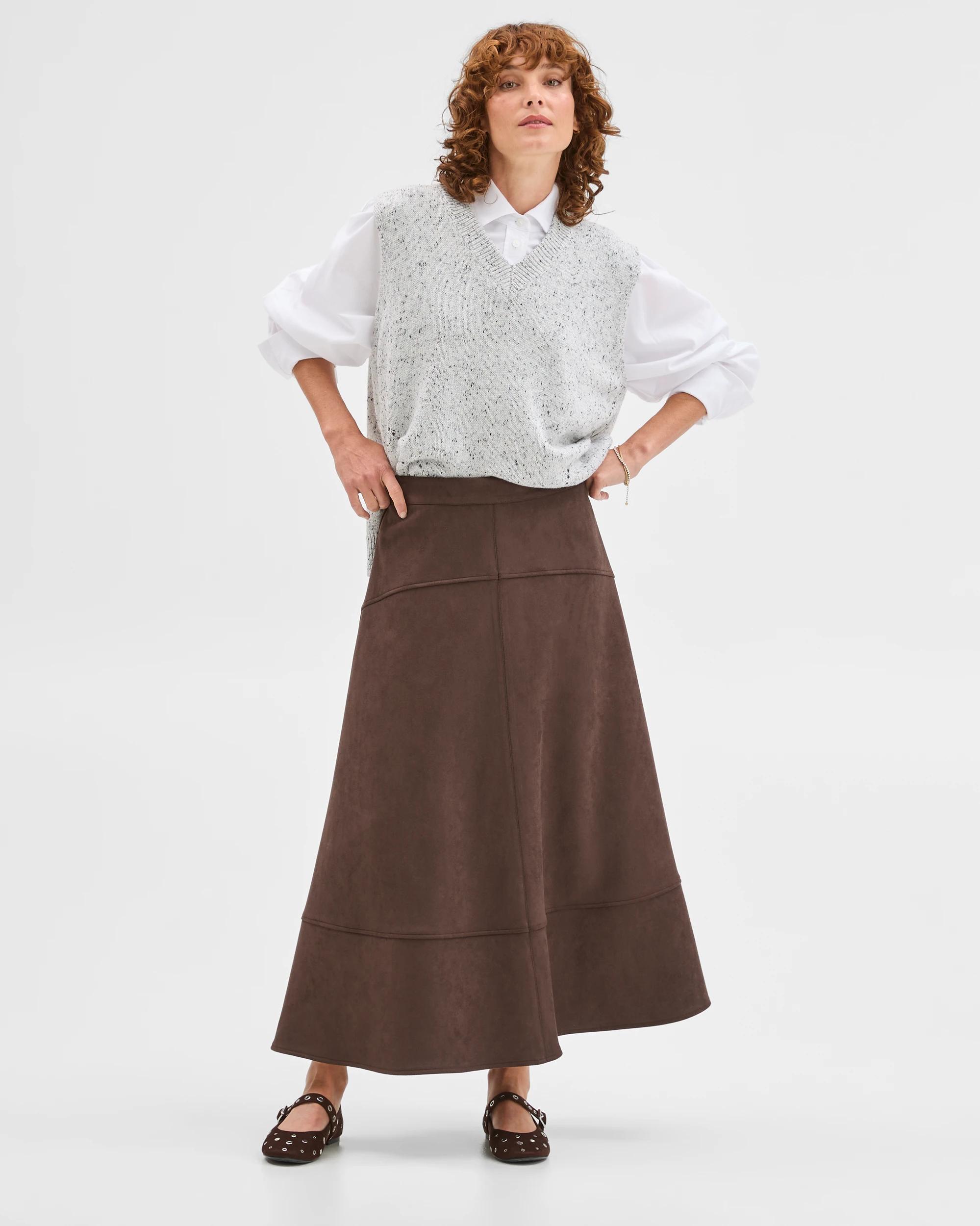 1 Target Woman Faux Suede Panelled Midi Skirt TAN, 1 of 6