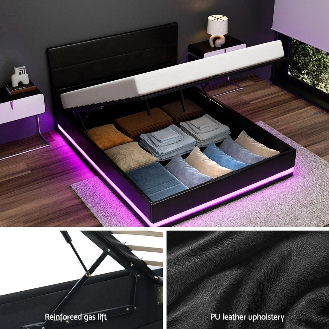 5 Artiss Bed Frame Double Size LED Gas Lift  LUMI - Black, 5 of 7