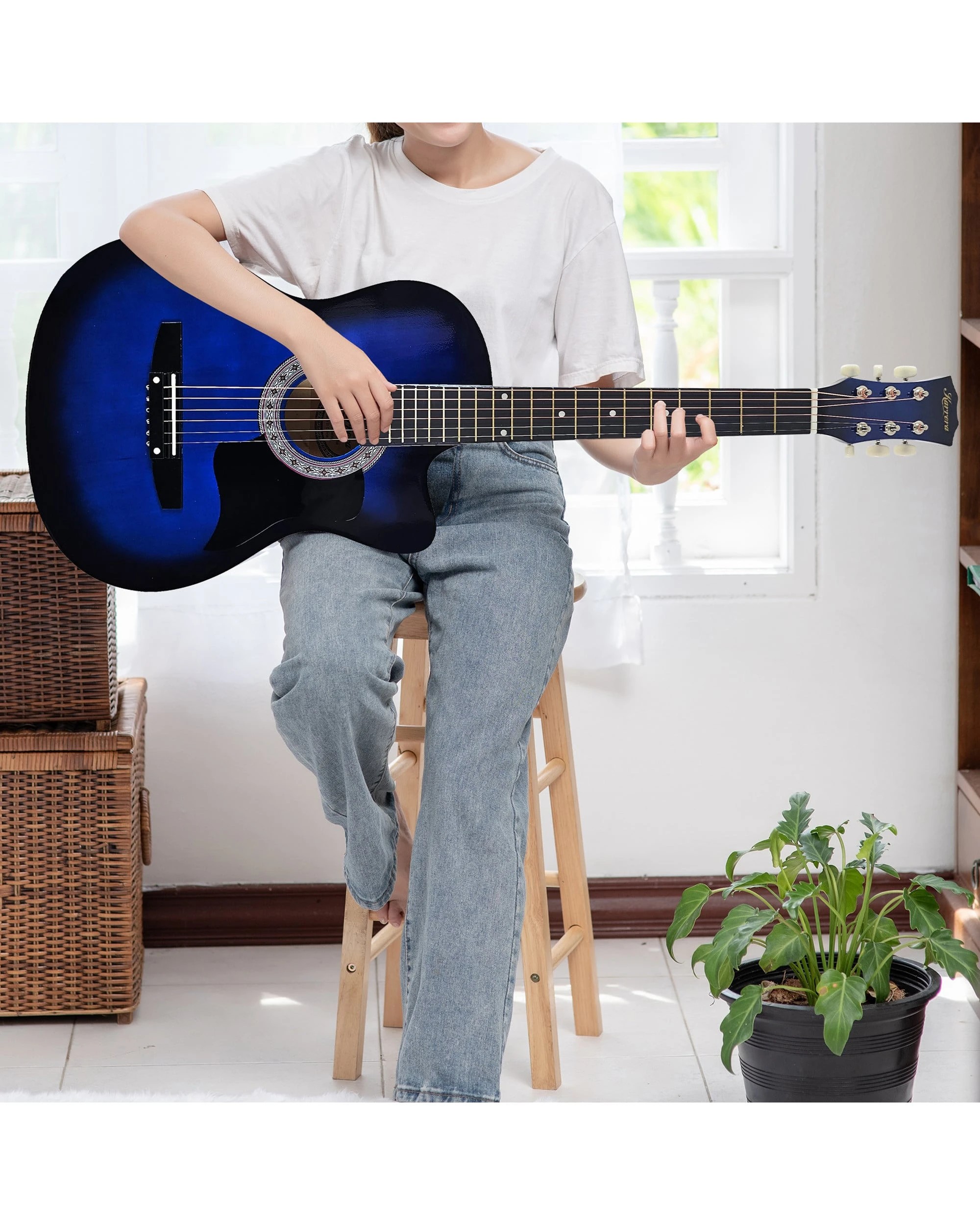 6 Karrera 38in Pro Cutaway Acoustic Guitar with Bag Strings in Blue Burst, 6 of 10