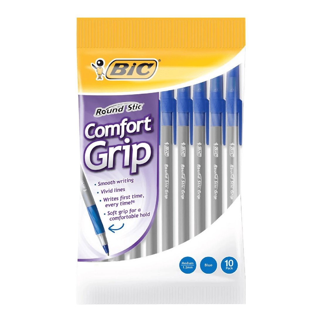 1 BIC Round Stic Comfort Grip Ballpoint Pens Blue 10 Pack, 1 of 5