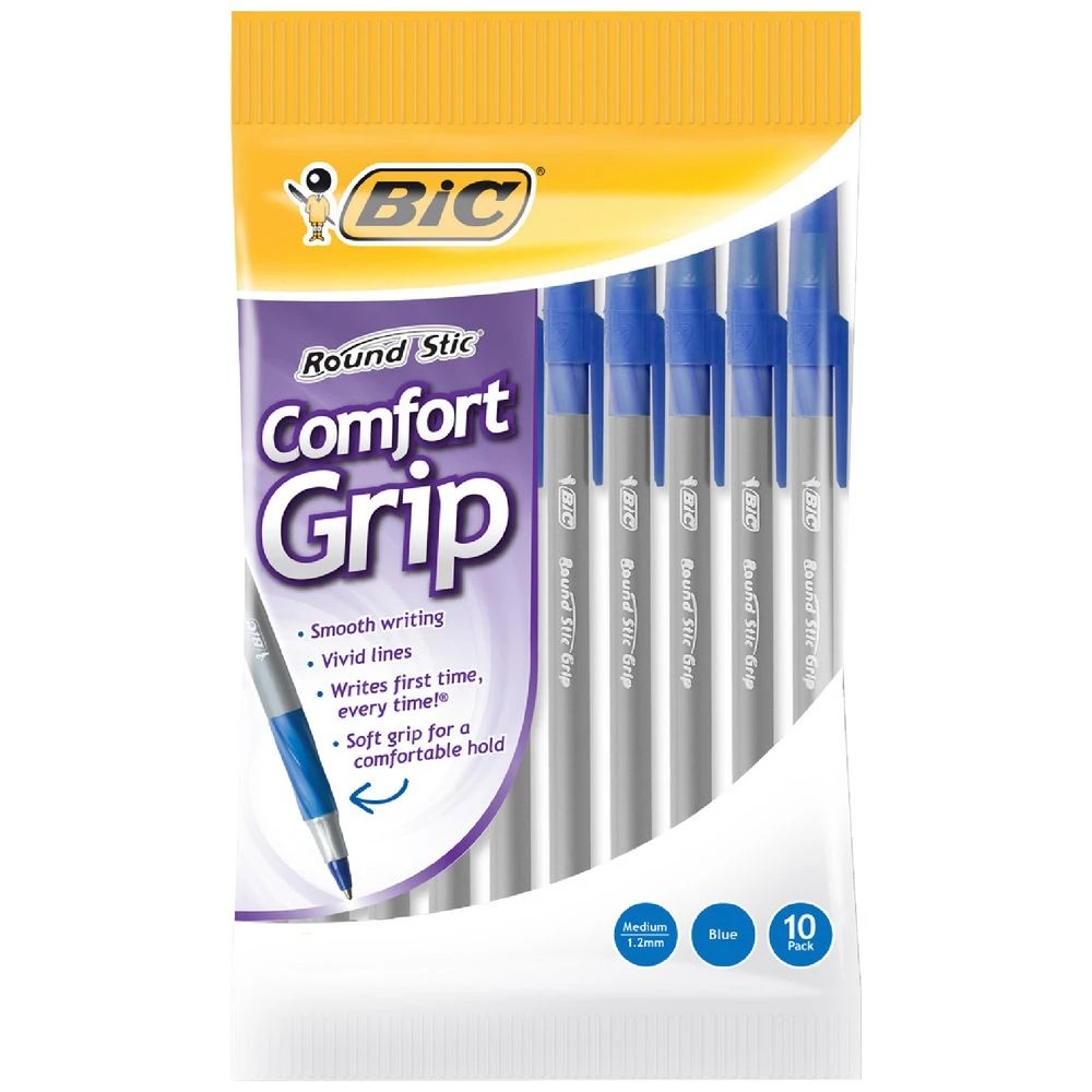 1 BIC Round Stic Comfort Grip Ballpoint Pens Blue 10 Pack, 1 of 5
