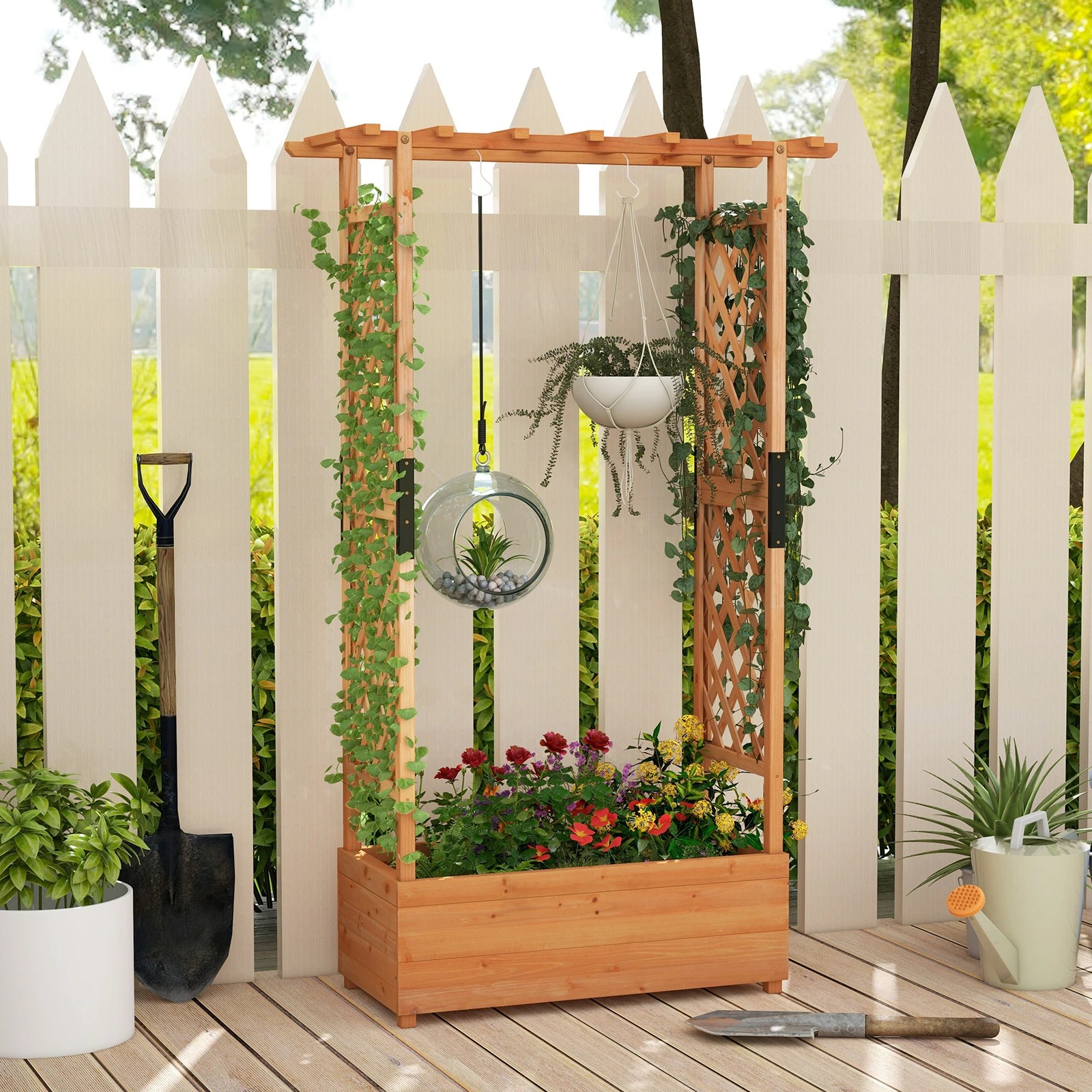 2 Costway Raised Garden Bed Wooden Planter Box Container w/Arch Trellis/Hanging Roof, 2 of 4