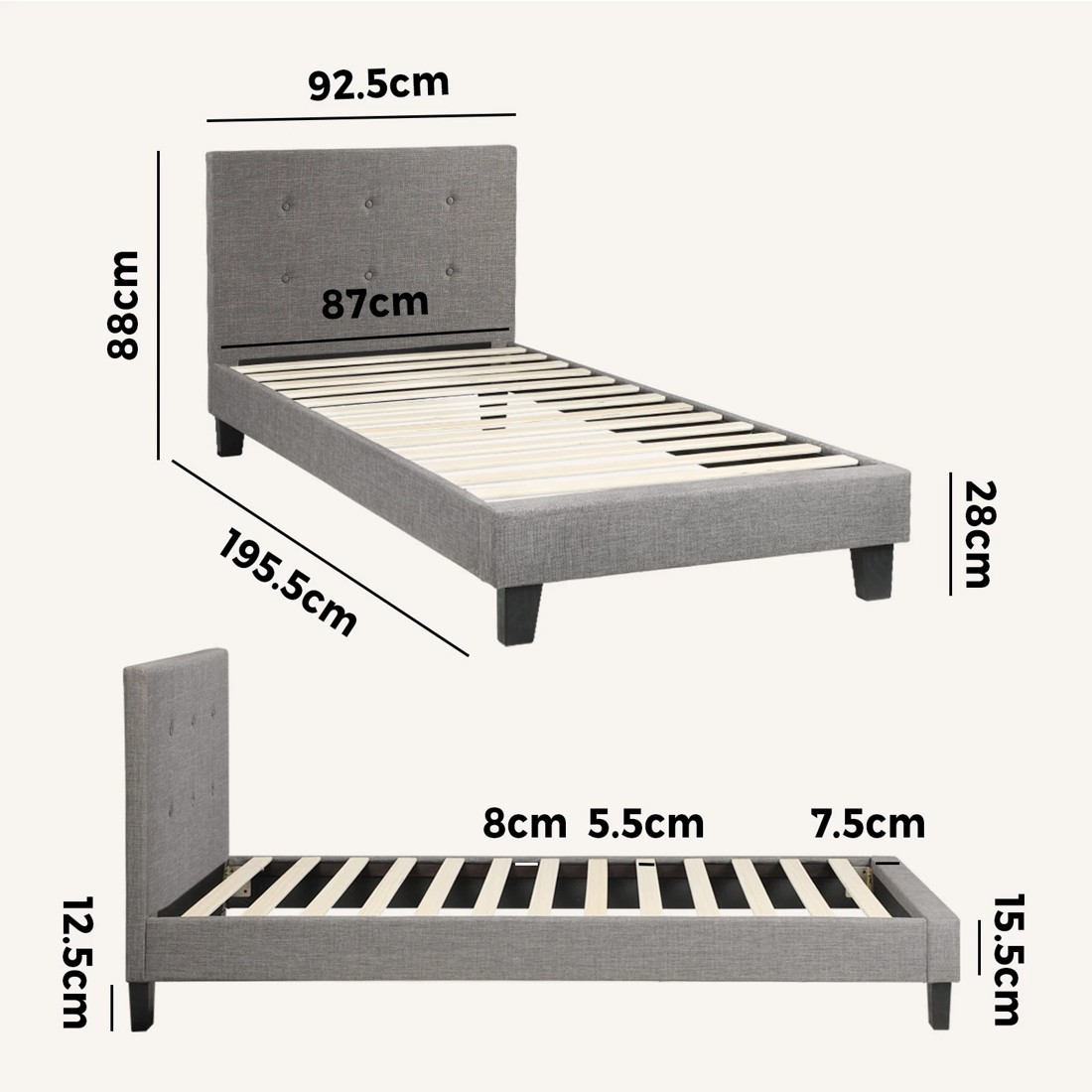 2 Oikiture Bed Frame Single Size Bed Platform Wooden Fabric - Grey, 2 of 8