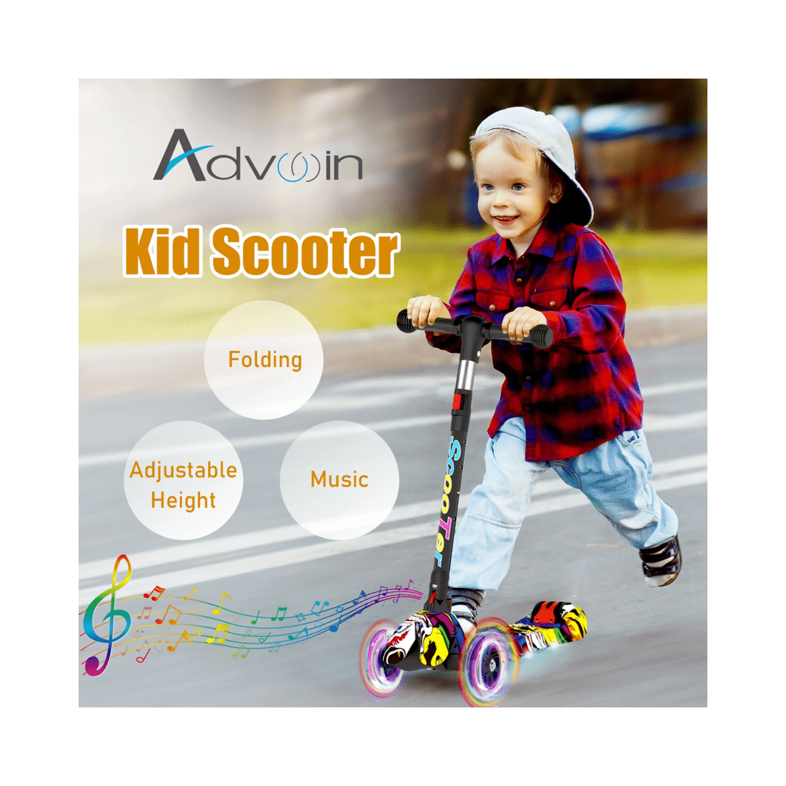 6 Advwin Foldable Kids Scooter w/ Music Light Up 3 Wheels Graffiti, 6 of 10