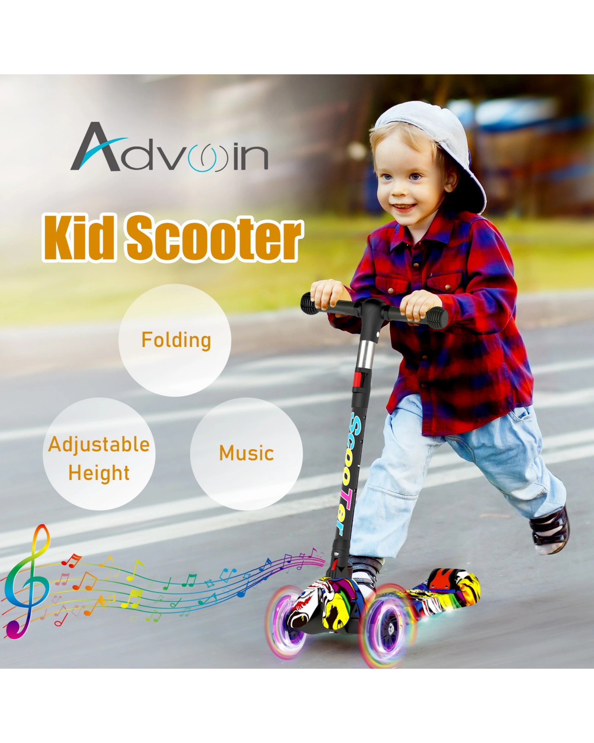 6 Advwin Foldable Kids Scooter w/ Music Light Up 3 Wheels Graffiti, 6 of 10