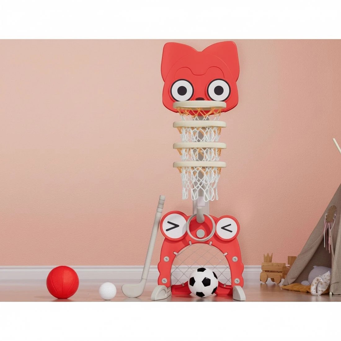 6 Keezi Kids Basketball Hoop Stand Adjustable 5-in-1 Sports Center Toys Set - Red, 6 of 7