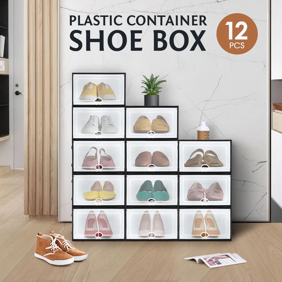 2 AUSWAY 12PCS Plastic Shoe Display Cases Stackable Storage Organiser Box White, 2 of 5