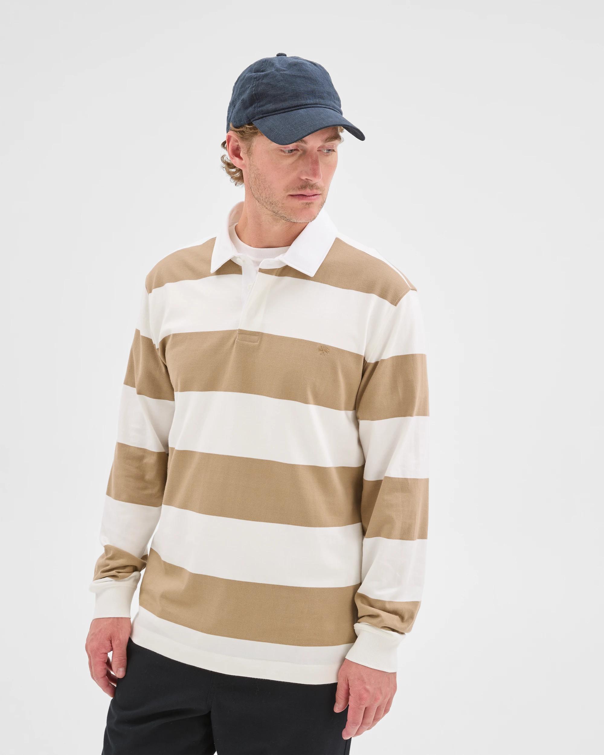 1 Target Man Australian Cotton Long Sleeve Rugby Stripe Polo Top BIRCH STRIPE, 1 of 6
