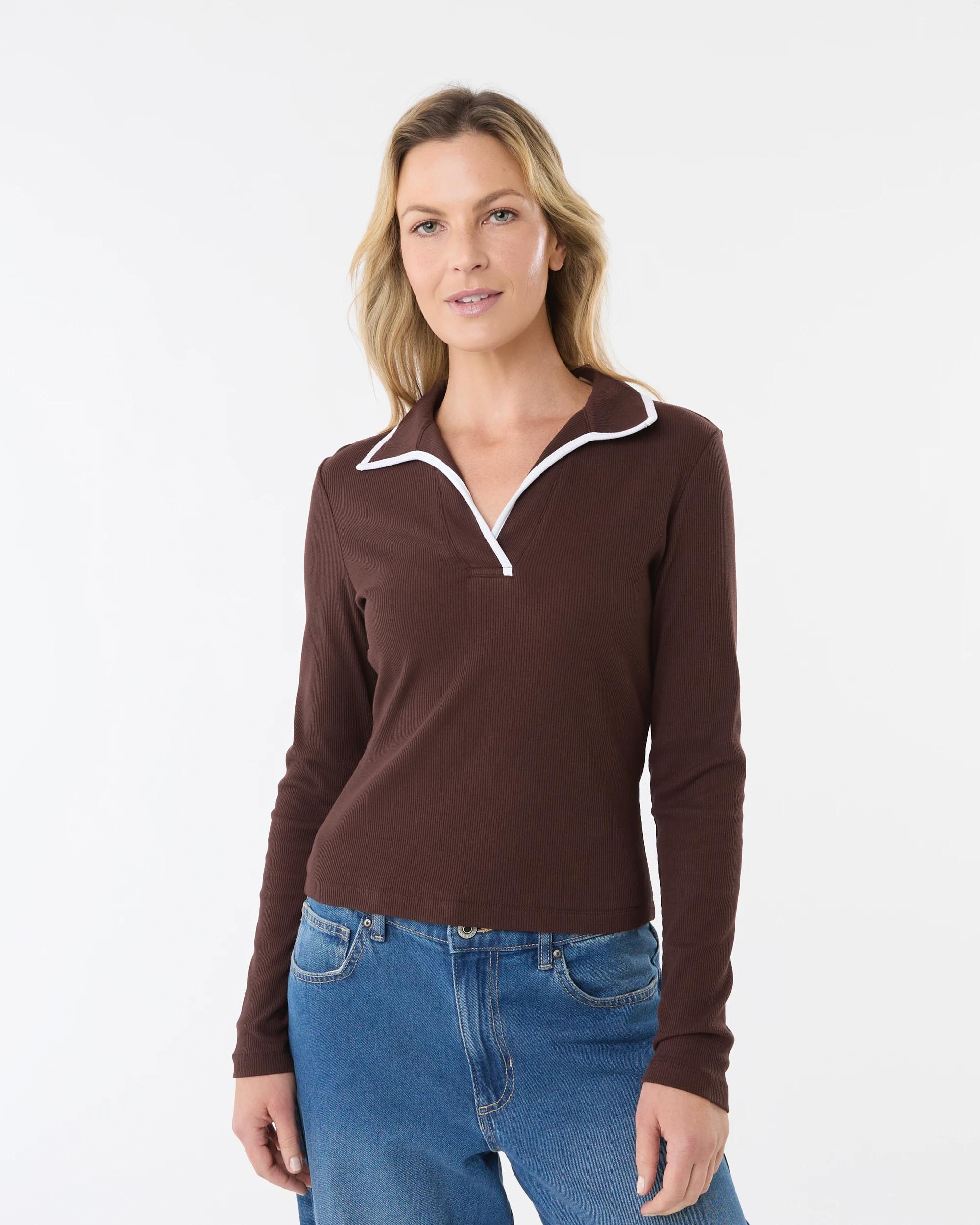 1 Long Sleeve Contrast Polo Top Melt Brown, 1 of 5