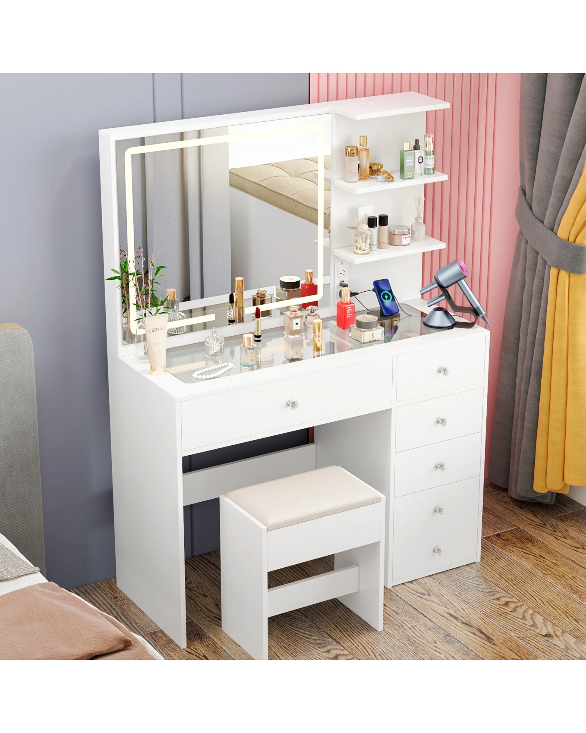 2 Advwin Dressing Table Stool Set Charging Station Lights Glass Tabletop Vanity Desk
 - White, 2 of 10