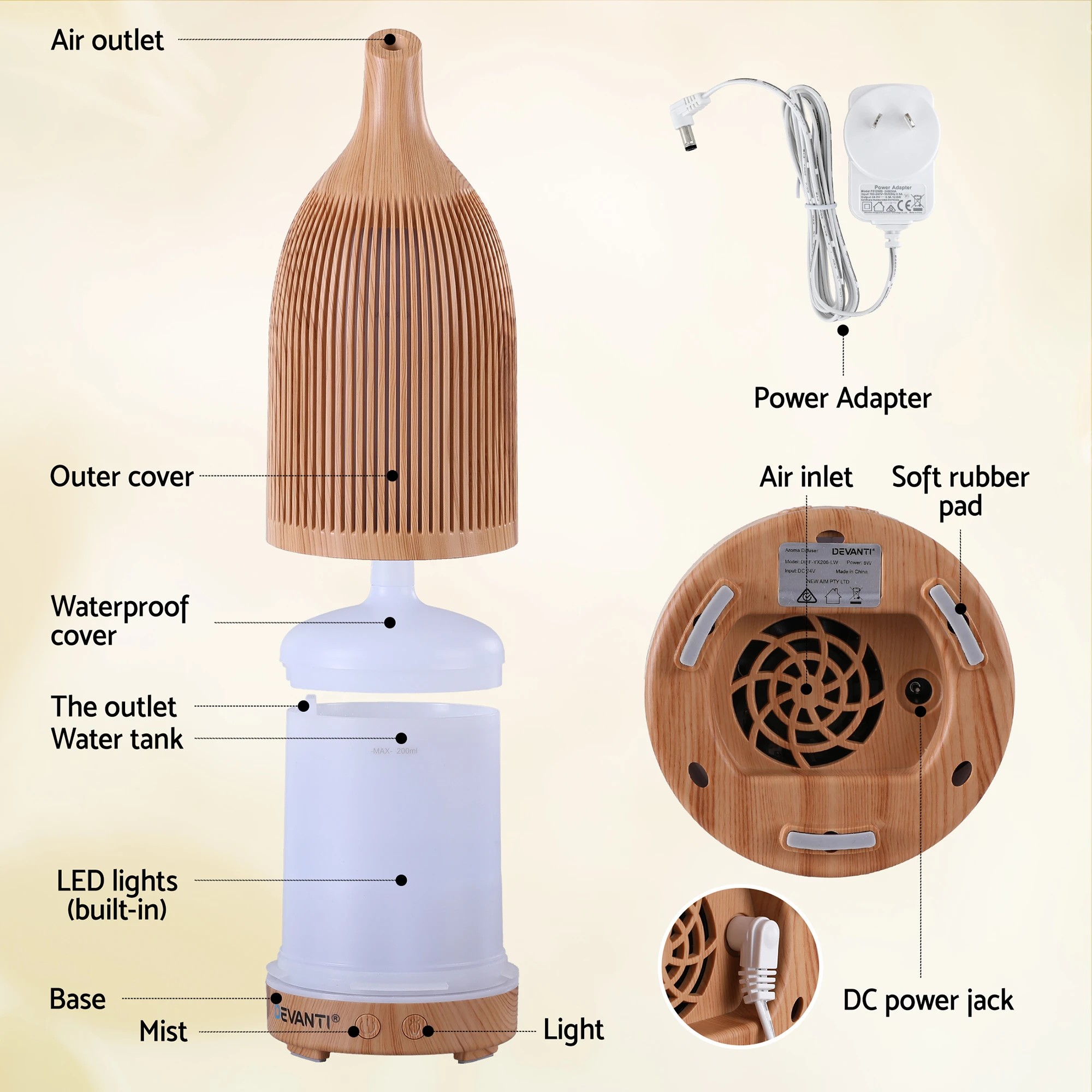 8 Devanti Ultrasonic Aroma Diffuser Aromatherapy 200ml LED Lights Iron Humidifier - Natural, 8 of 9
