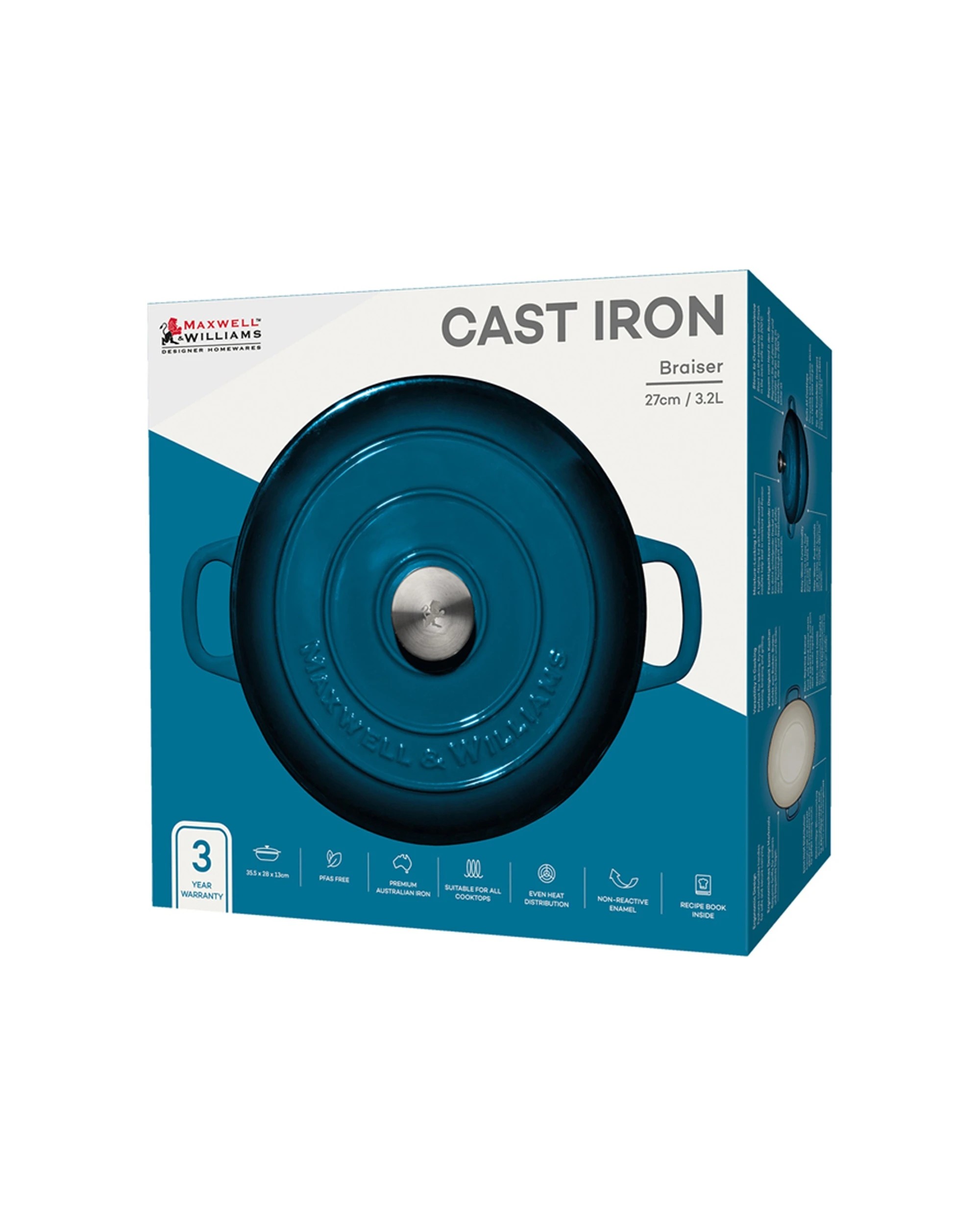 4 Maxwell & Williams Cast Iron Braiser 27cm 3.3l Cookware Casserole Pan
 - Blue, 4 of 4