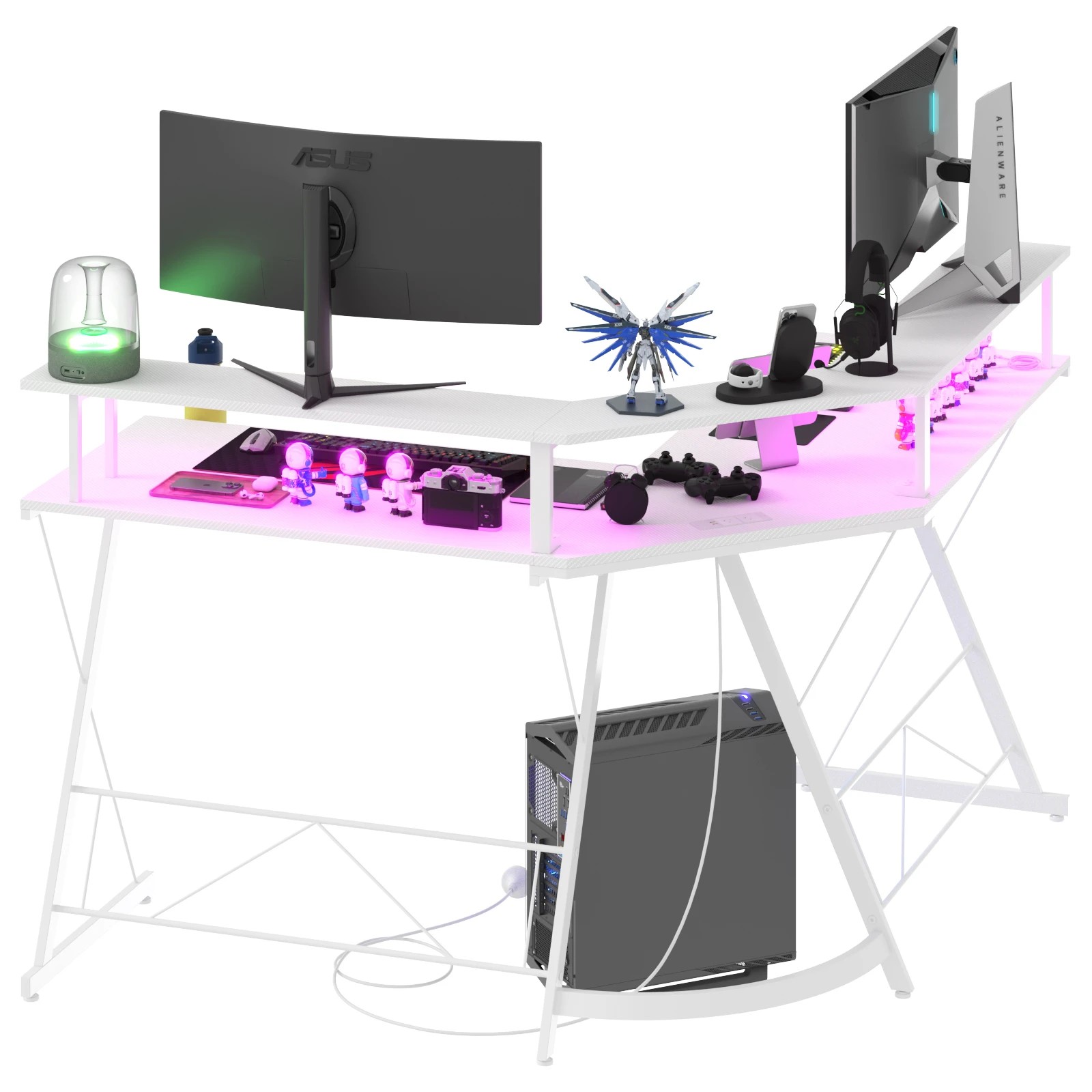 3 Advwin White L Shaped Gaming Desk With Led Lights & Power Outlets, 3 of 8