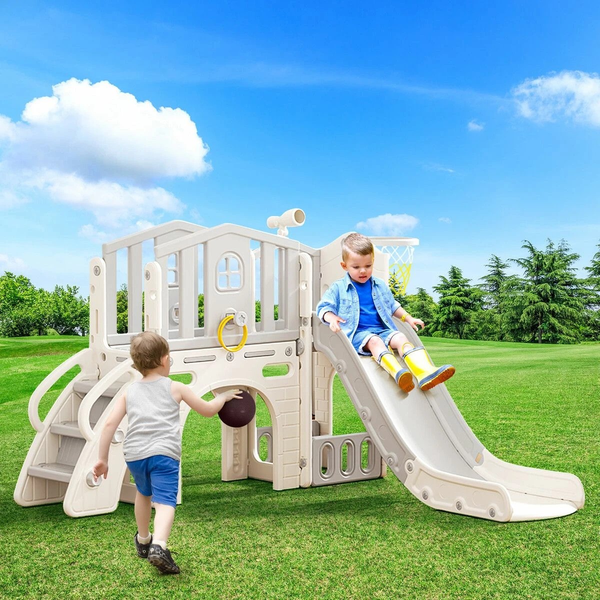 3 Kidbot 7 in 1 Kids Slide Set Ladder Basketball Hoop Playground, 3 of 4