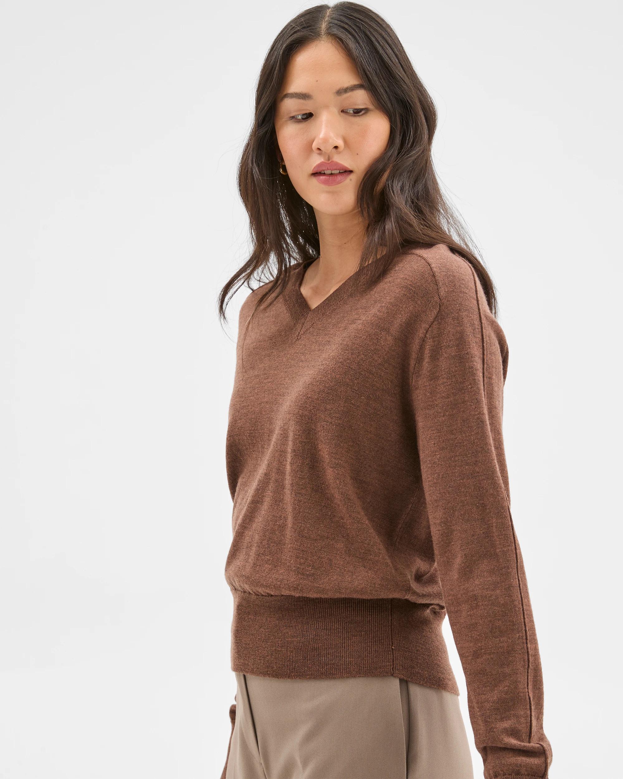 4 Preview Australian Merino Wool Long Sleeve V-Neck Knit Top CARAMEL BROWN MARLE, 4 of 7