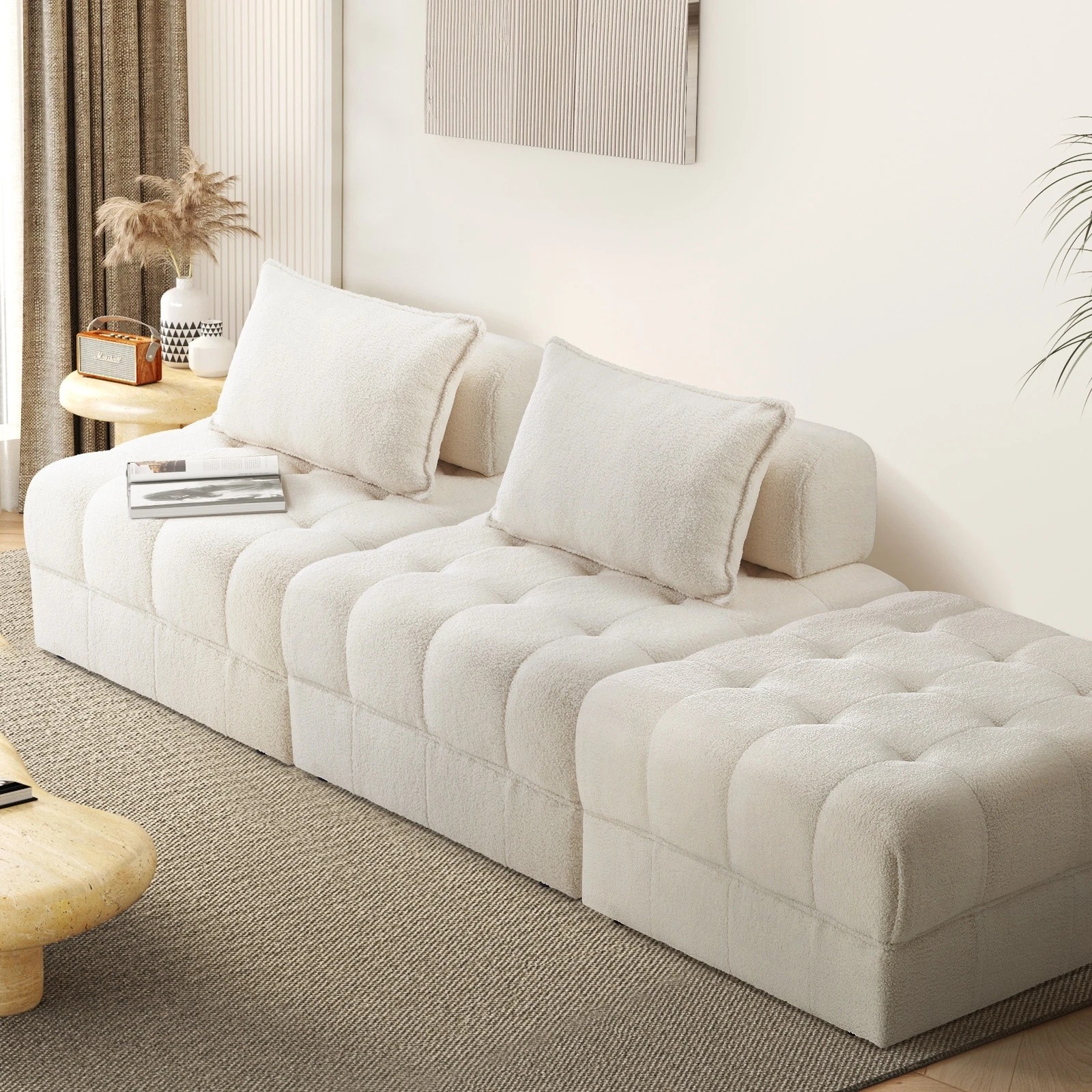9 Oikiture 3 Seater Boucle Modular Sofa & Ottoman Set Armless Tofu Back
 - White - White, 9 of 10