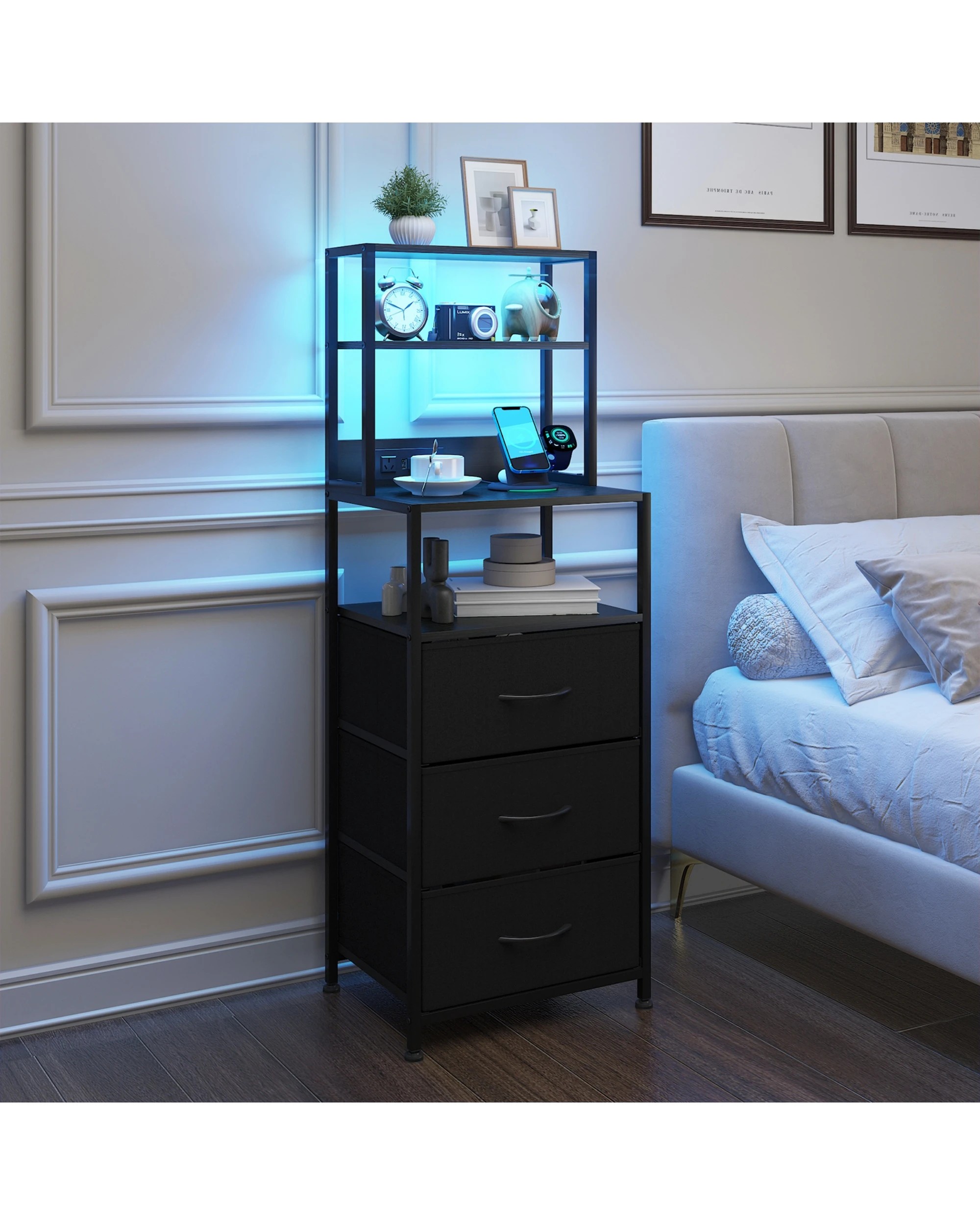4 Advwin Set of 2 Led Bedside Table with Charging Station 3 Fabric Drawers - Black, 4 of 8