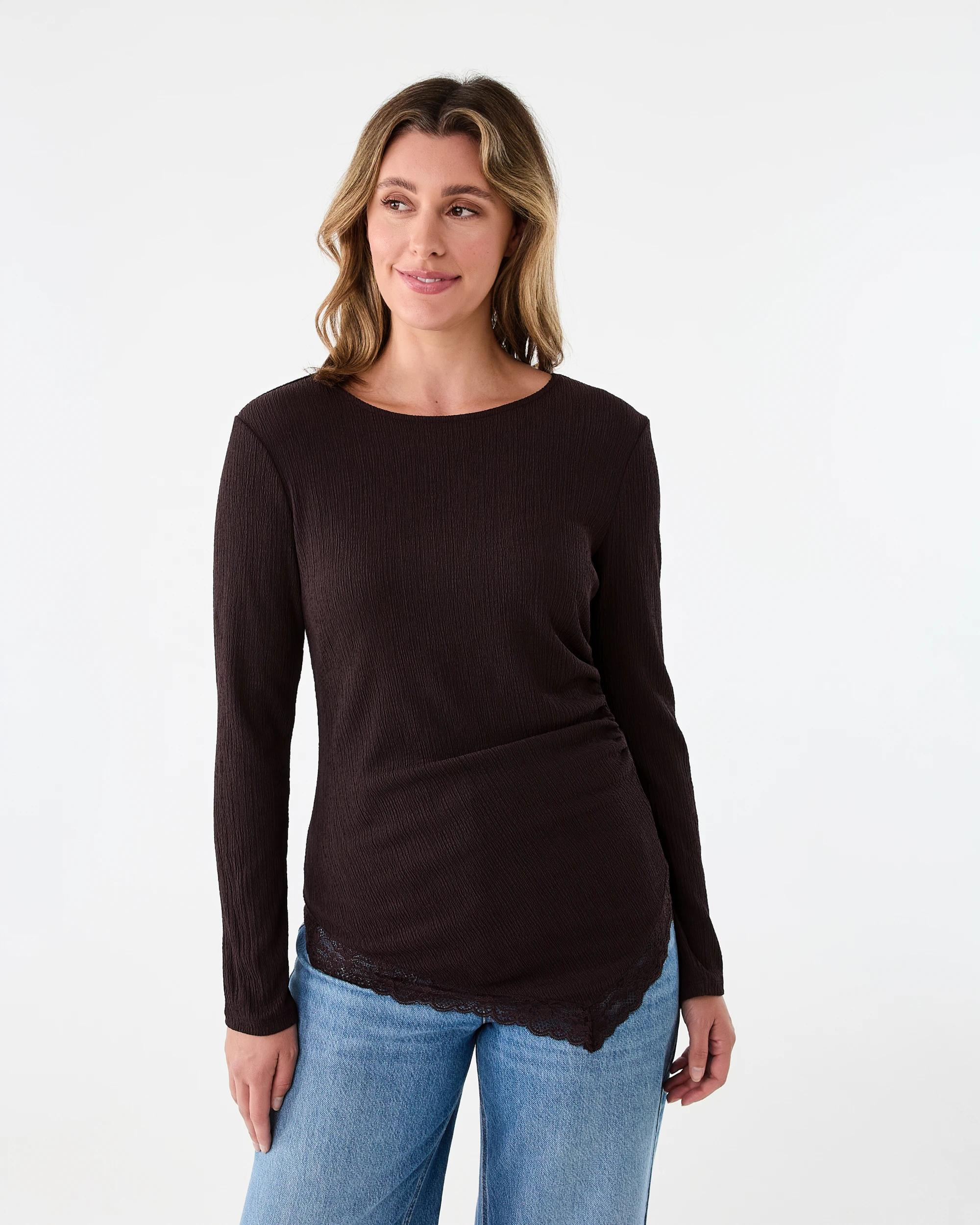 1 Long Sleeve Asymmetrical Lace Trim Top Choc Plum, 1 of 7