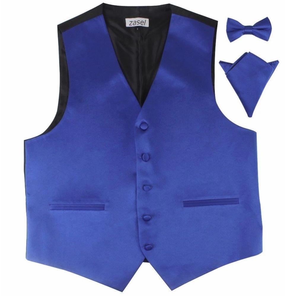 1 Zasel Mens Plain Vest Waistcoat & Matching Bow Tie & Pocket Square ROYAL BLUE, 1 of 1