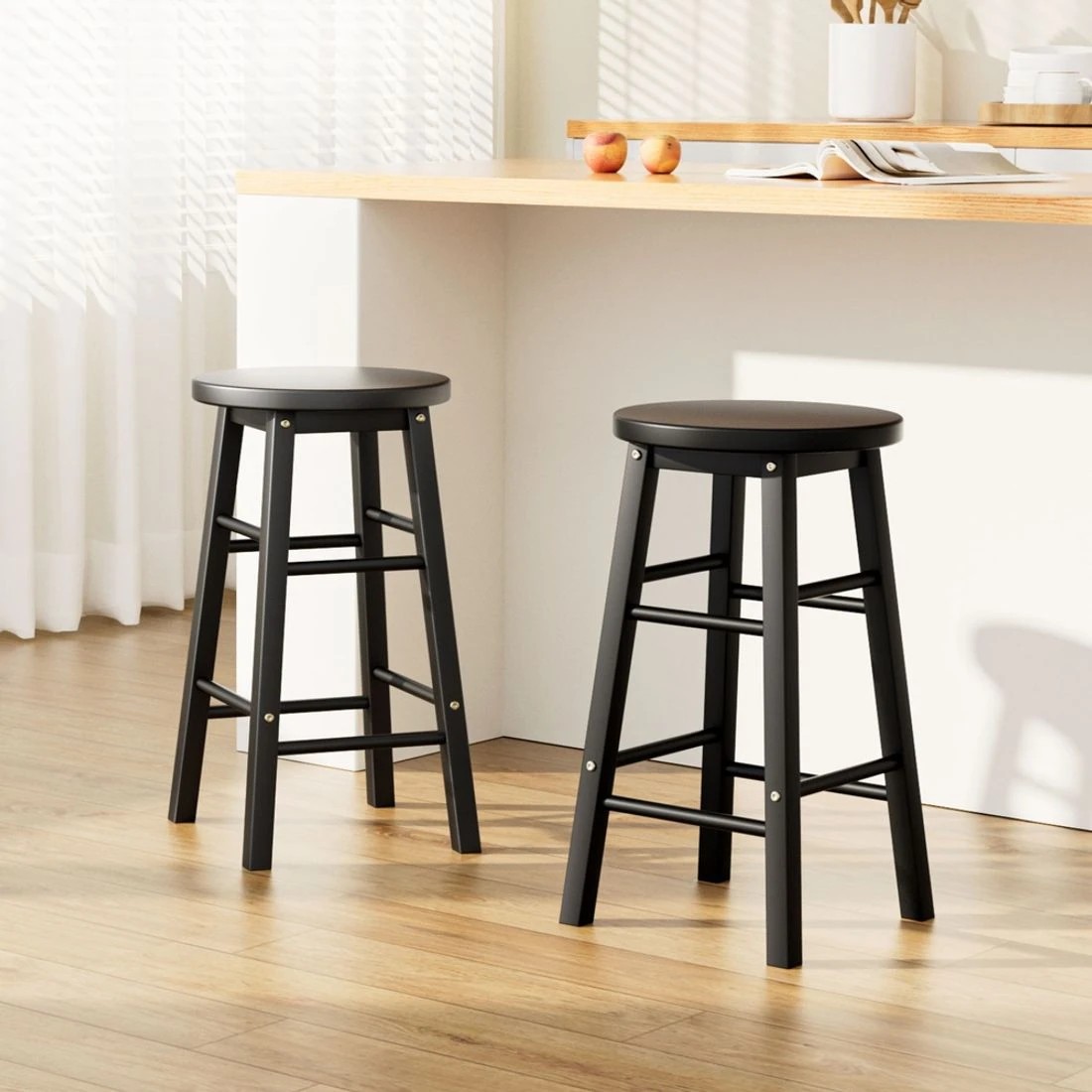 1 Artiss Set of 2 Wooden Bar Stools Round Seat Sturdy Durable Stable Footrest Comfortable Kitchen Counter Chairs - black, 1 of 8