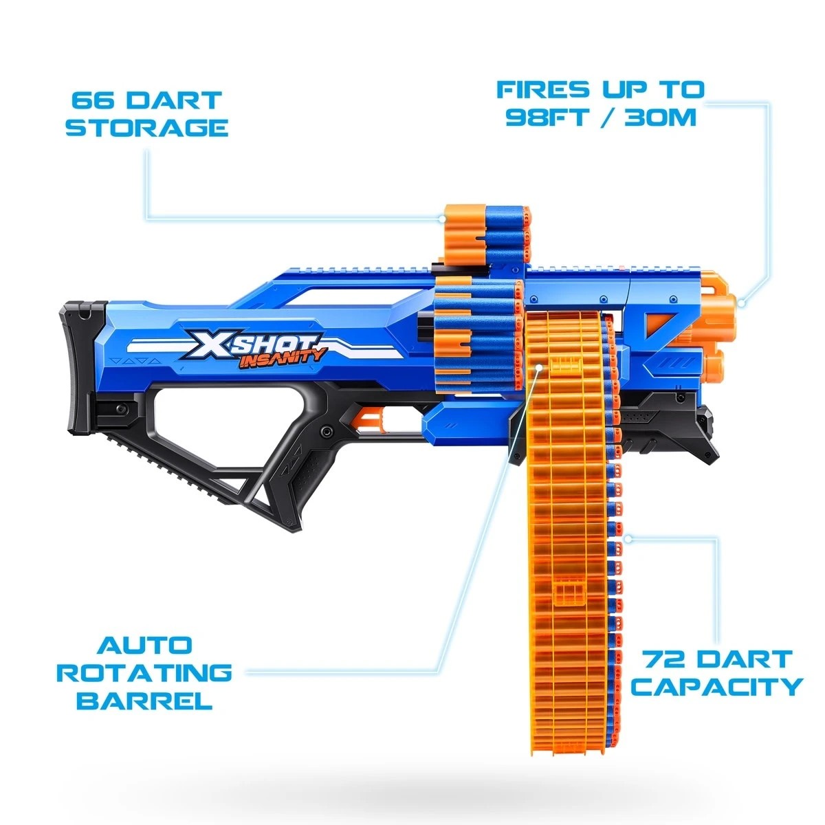 4 Zuru X-Shot Insanity Mad Mega Barrel Blaster 72 Darts, 4 of 6