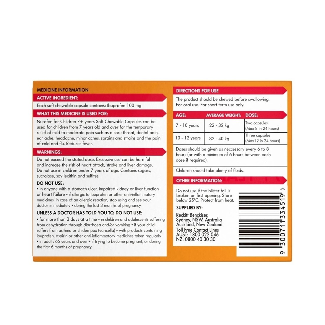 3 12 Pack Nurofen Ibuprofren for Children Orange Flavour 100mg Capsules, 3 of 10
