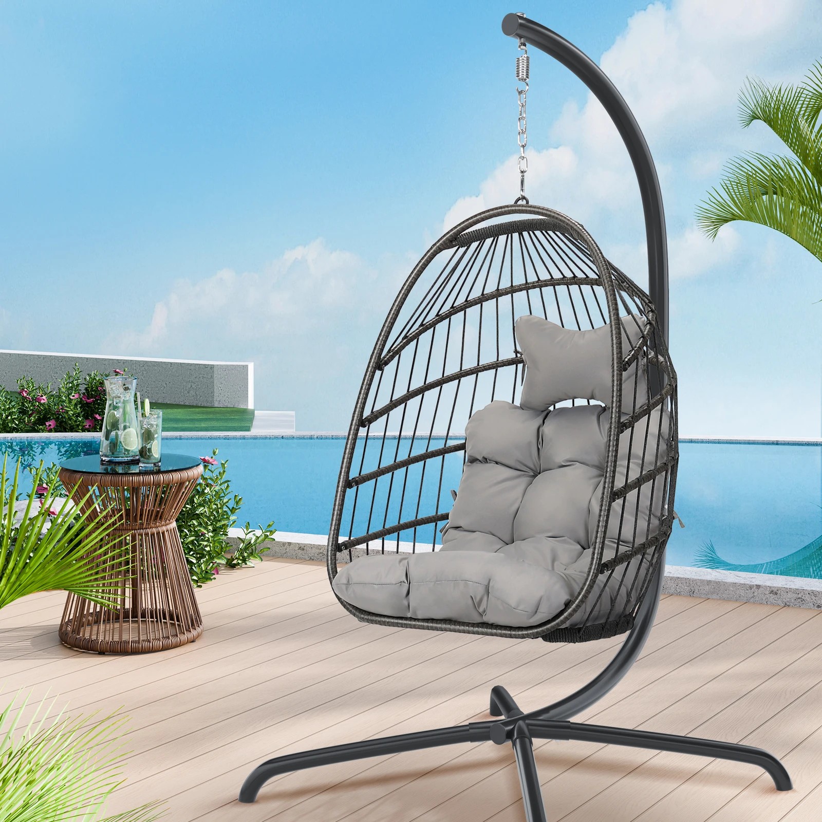 2 Alfordson Outdoor Egg Swing Chair Wicker Rattan Pod Foldable Seat - Light Grey, 2 of 10