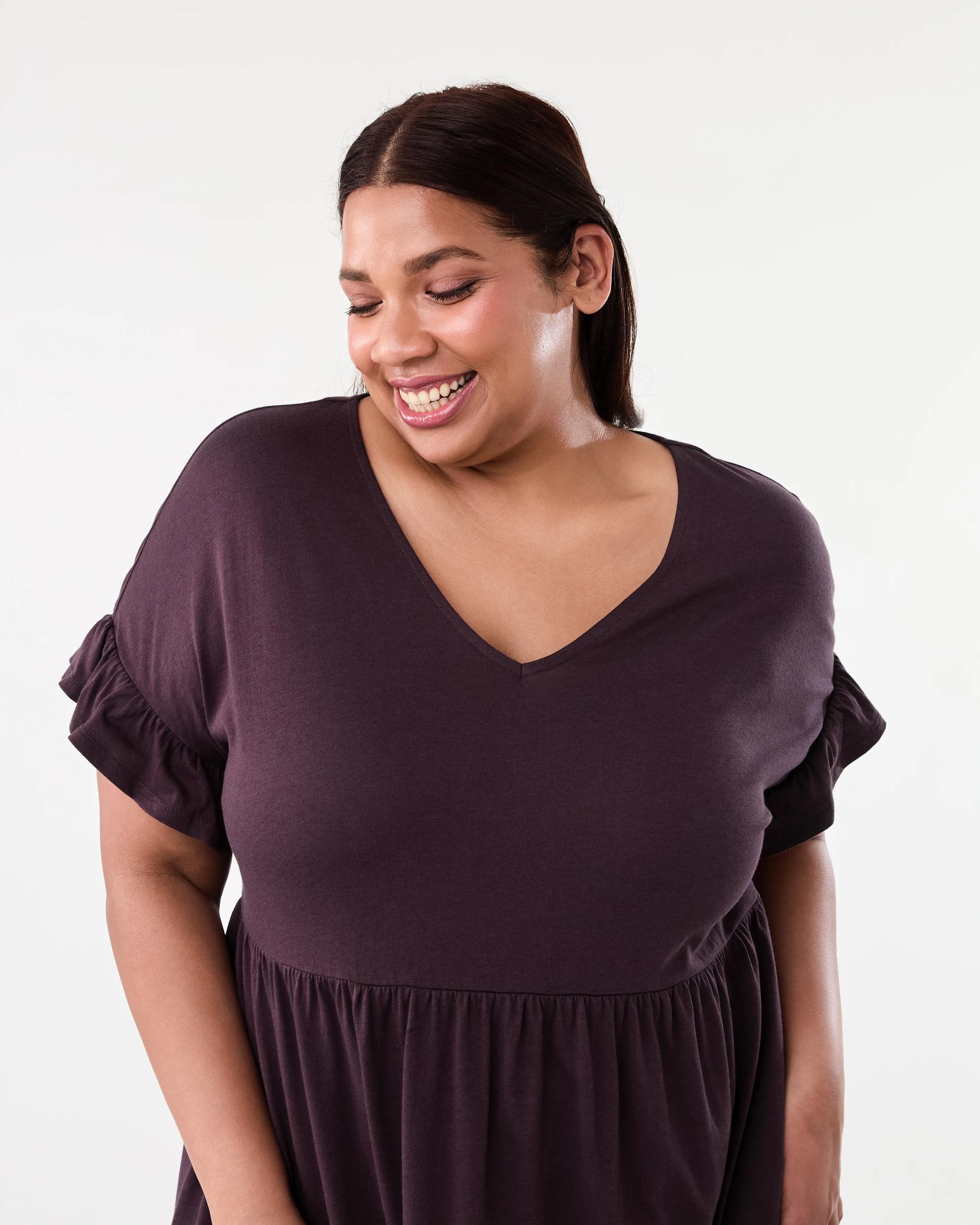 4 Curve Short Sleeve Frill Tier Knit Mini Dress Fudge, 4 of 8