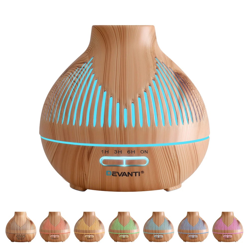 1 Devanti Ultrasonic Aroma Diffuser Aromatherapy 400ml LED Lights Iron Humidifier  Light wood grain - Natural, 1 of 9