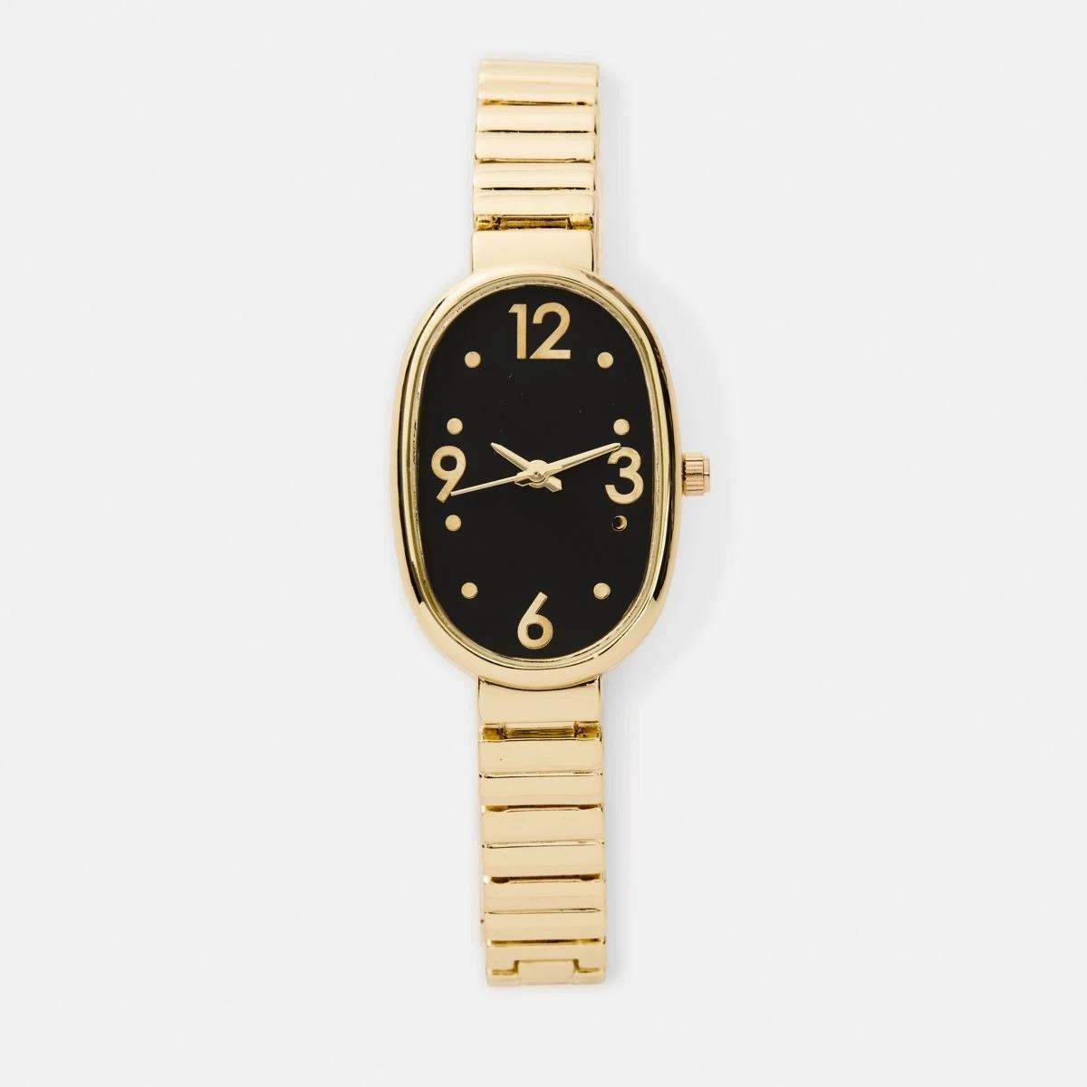 1 Womens Oval Metal Watch - Black and Gold Tone Gold, 1 of 6