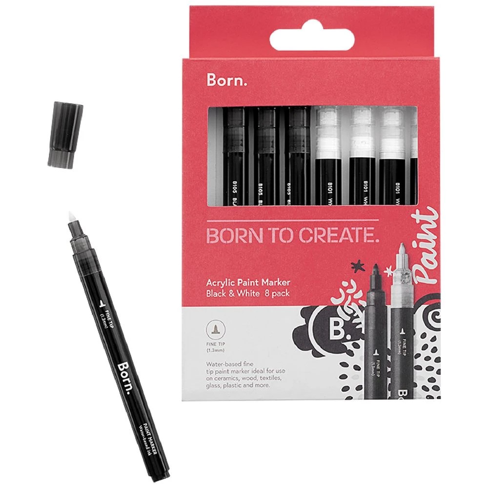 1 Born Acrylic Paint Marker 1.3mm Black/White 8 Pack, 1 of 4