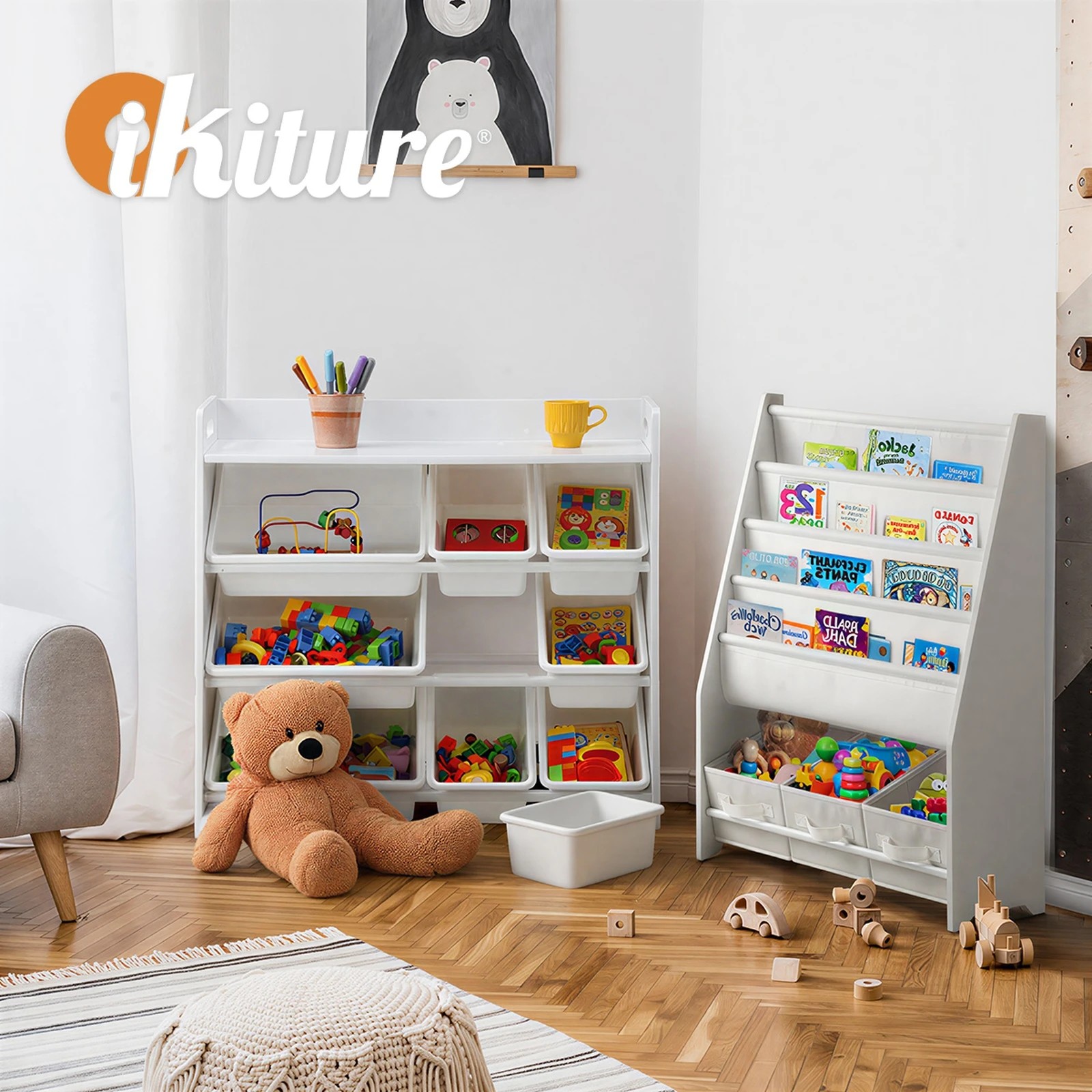 6 Oikiture 9 Bins Kids Toy Box Bookshelf Storage Organiser Display Shelf - White, 6 of 9