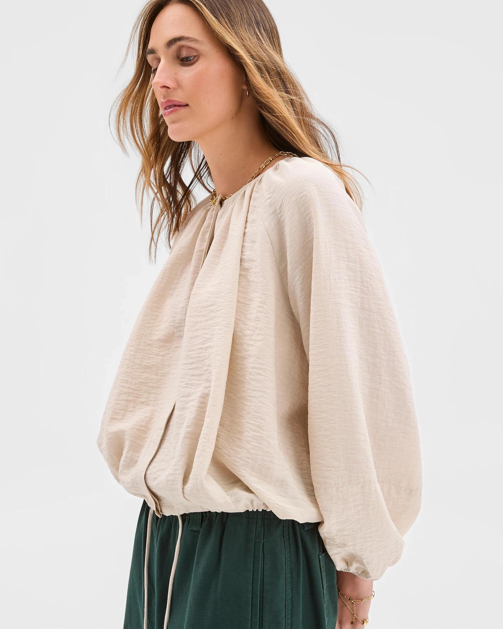 3 Target Woman Long Sleeve Button Front Bubble Hem Top FLAX, 3 of 5
