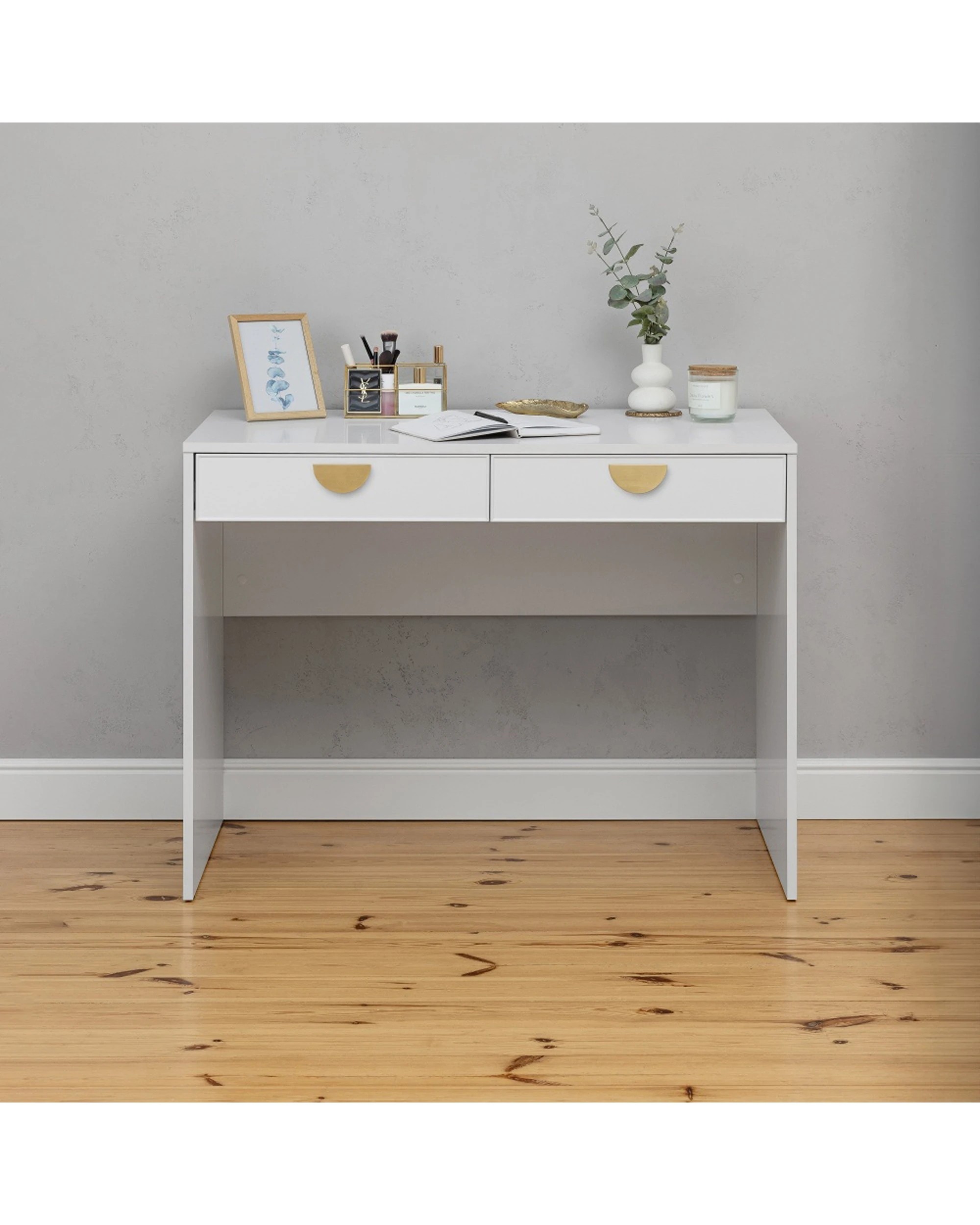 2 European Cabinetry Odessa Slim Front Furniture Desk Brass Half Moon Handle - White, 2 of 2