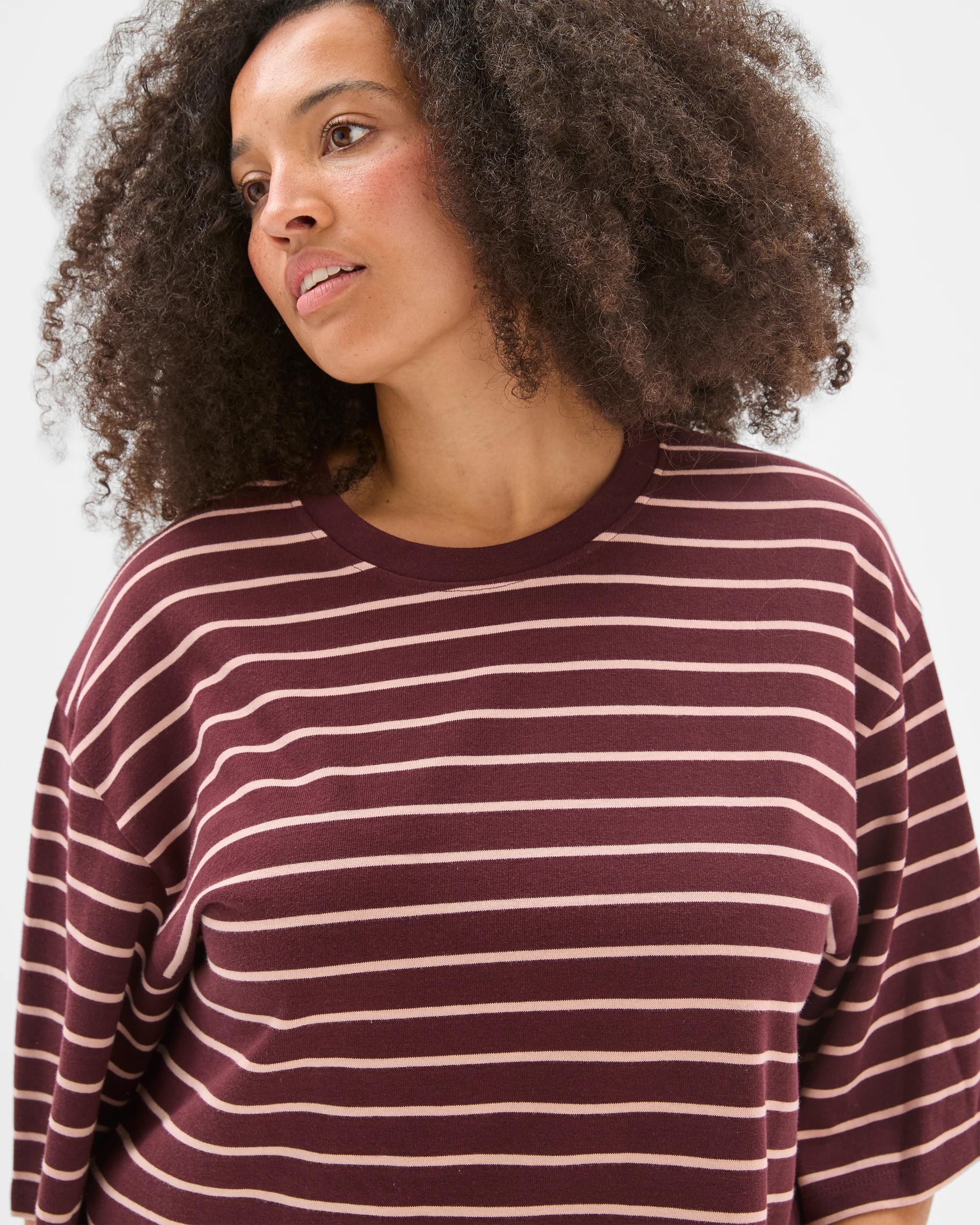 6 Target Curve Plus Size Australian Cotton Wide Sleeve Boxy T-Shirt BURGUNDY/SOFT BLUSH STRIPE, 6 of 9