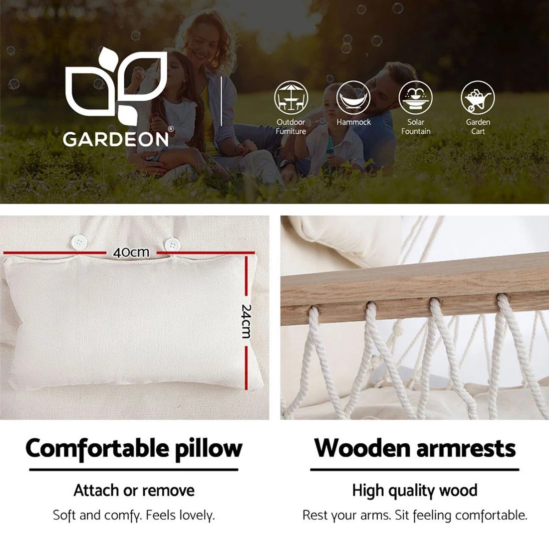 3 Gardeon Hammock Chair with Steel Stand Armrest Outdoor Hanging Cream - Multi, 3 of 6