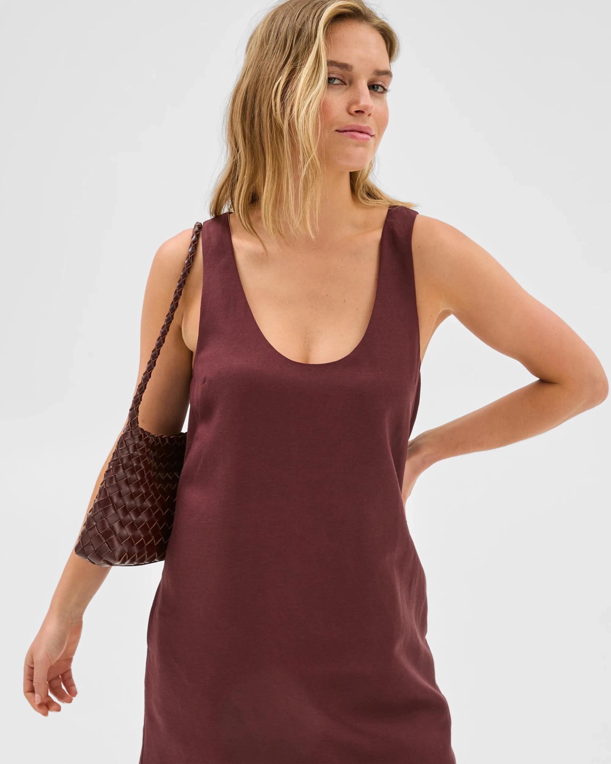 2 Lily Loves European Linen Blend U-Neck Mini Dress BURGUNDY ROUGE, 2 of 7