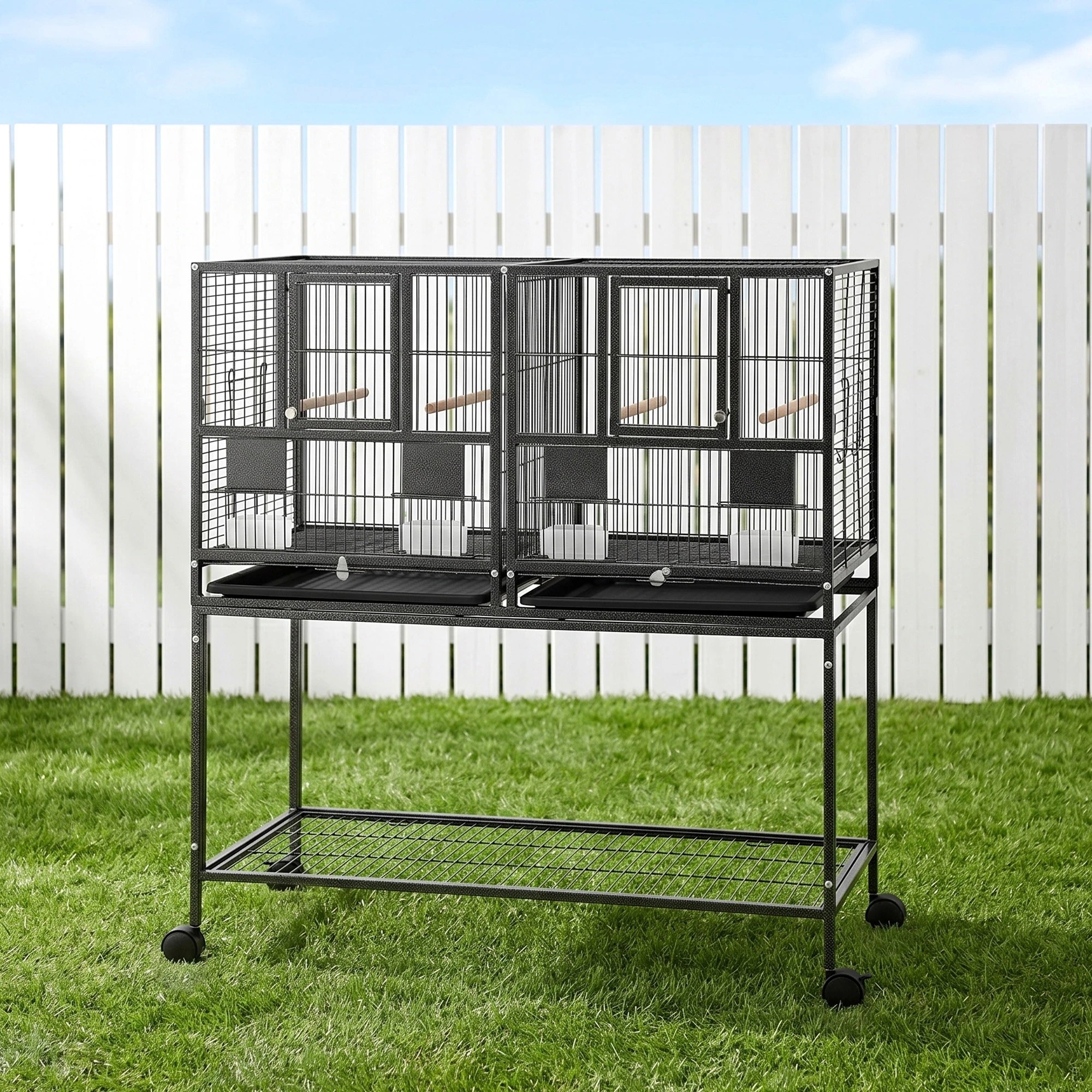 8 i.Pet 2-in-1 Bird Cage Aviary with Divider Parrot Budgie Wheels - Black, 8 of 9
