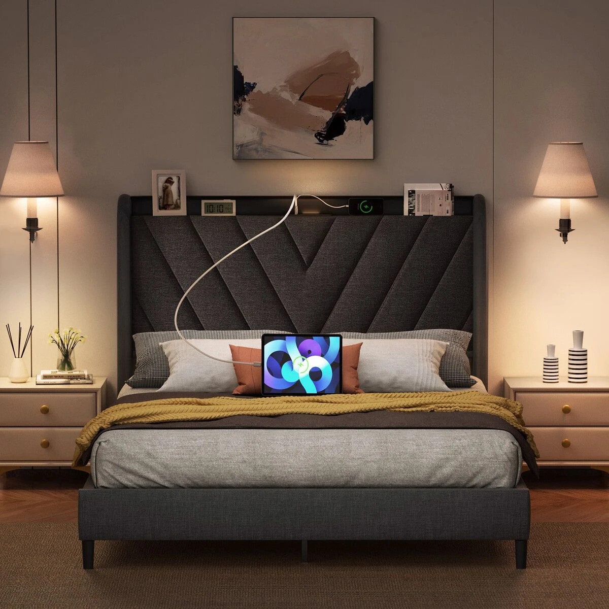 2 LUXSUITE Queen Size Bed Frame Headboard Grey, 2 of 2