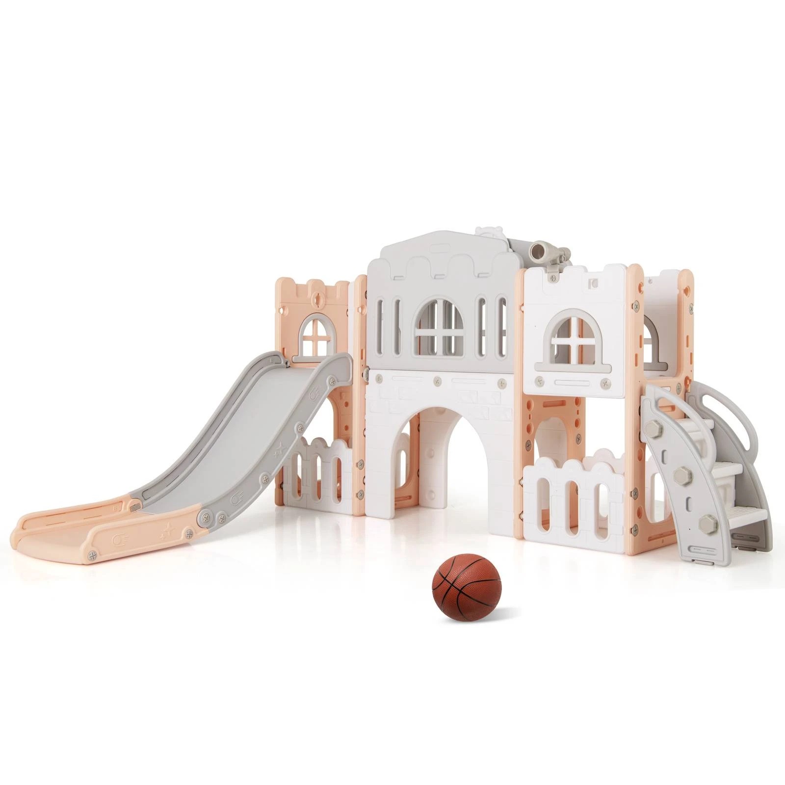 1 Costway Kids Play Slide Set w/Basketball Hoop Climber Toy Pink, 1 of 2