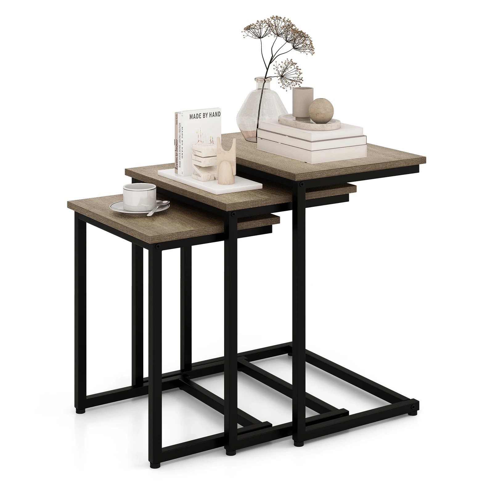 3 Costway 3pcs Nesting Coffee Table Set Retro End Side Tables Metal Frame, 3 of 5