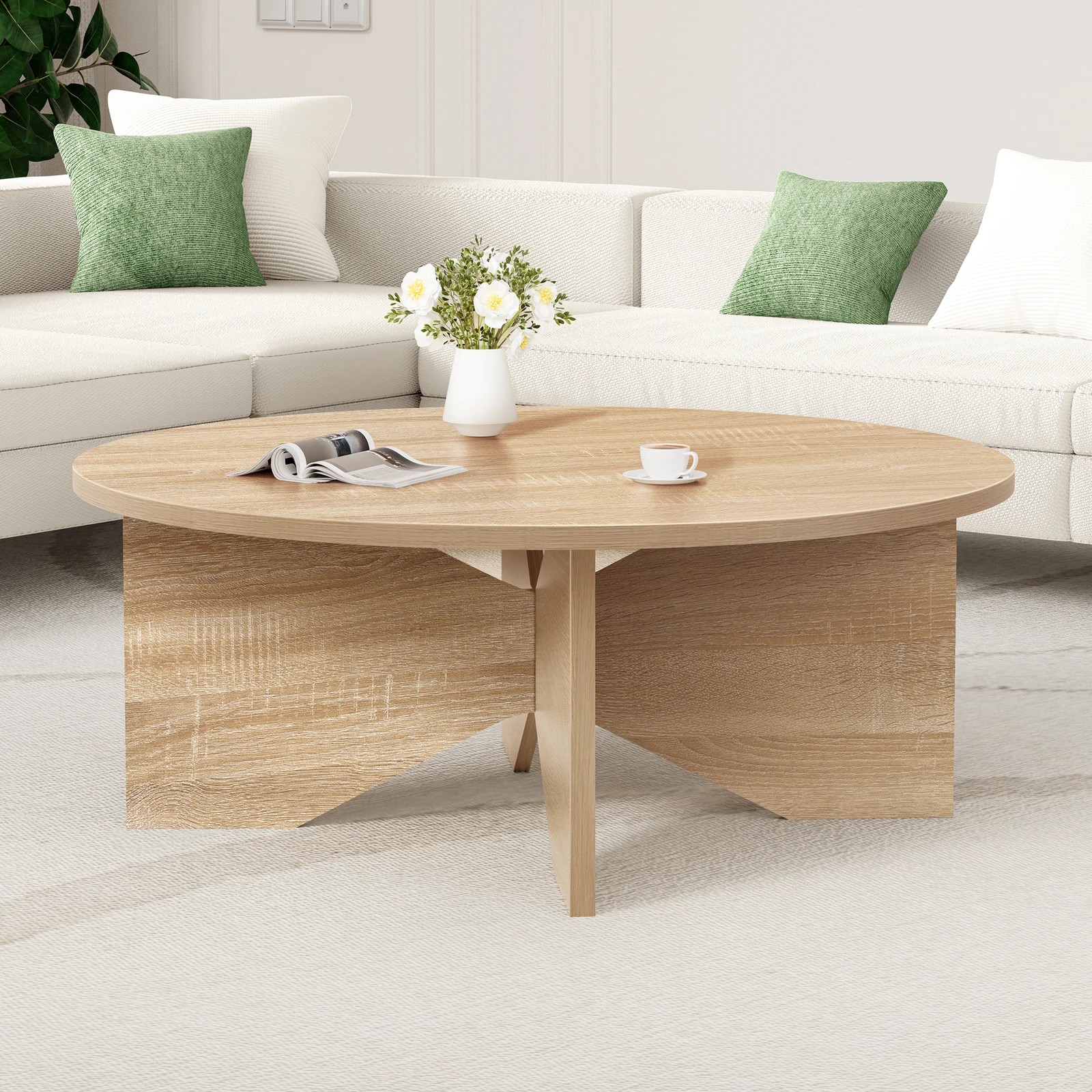 2 Alfordson Coffee Table Modern Round Table X-shape Wooden Legs Living Room - Oak, 2 of 10