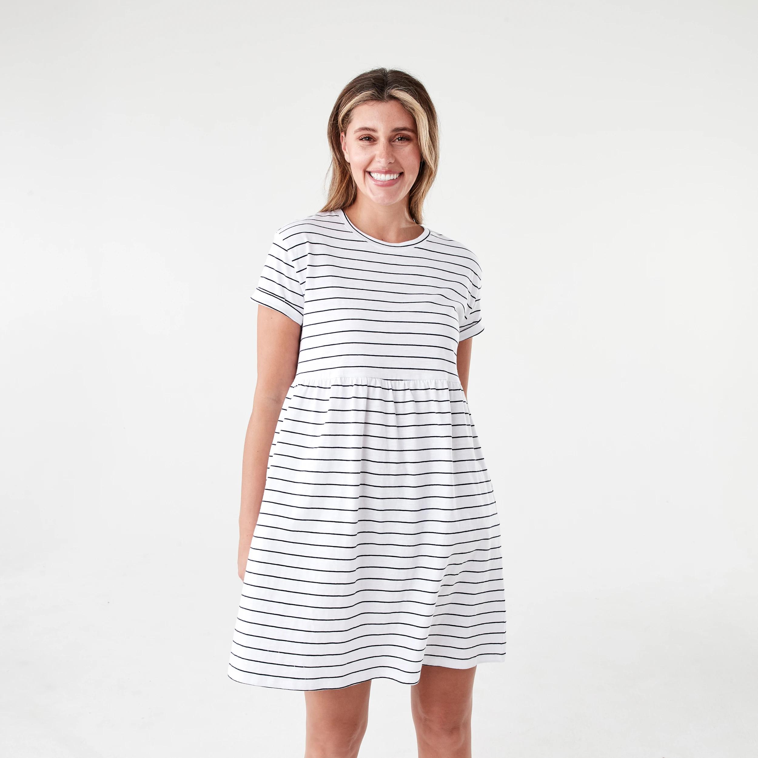 1 Short Sleeve Cuff Detail Jersey Mini Dress Strp Wht, 1 of 6