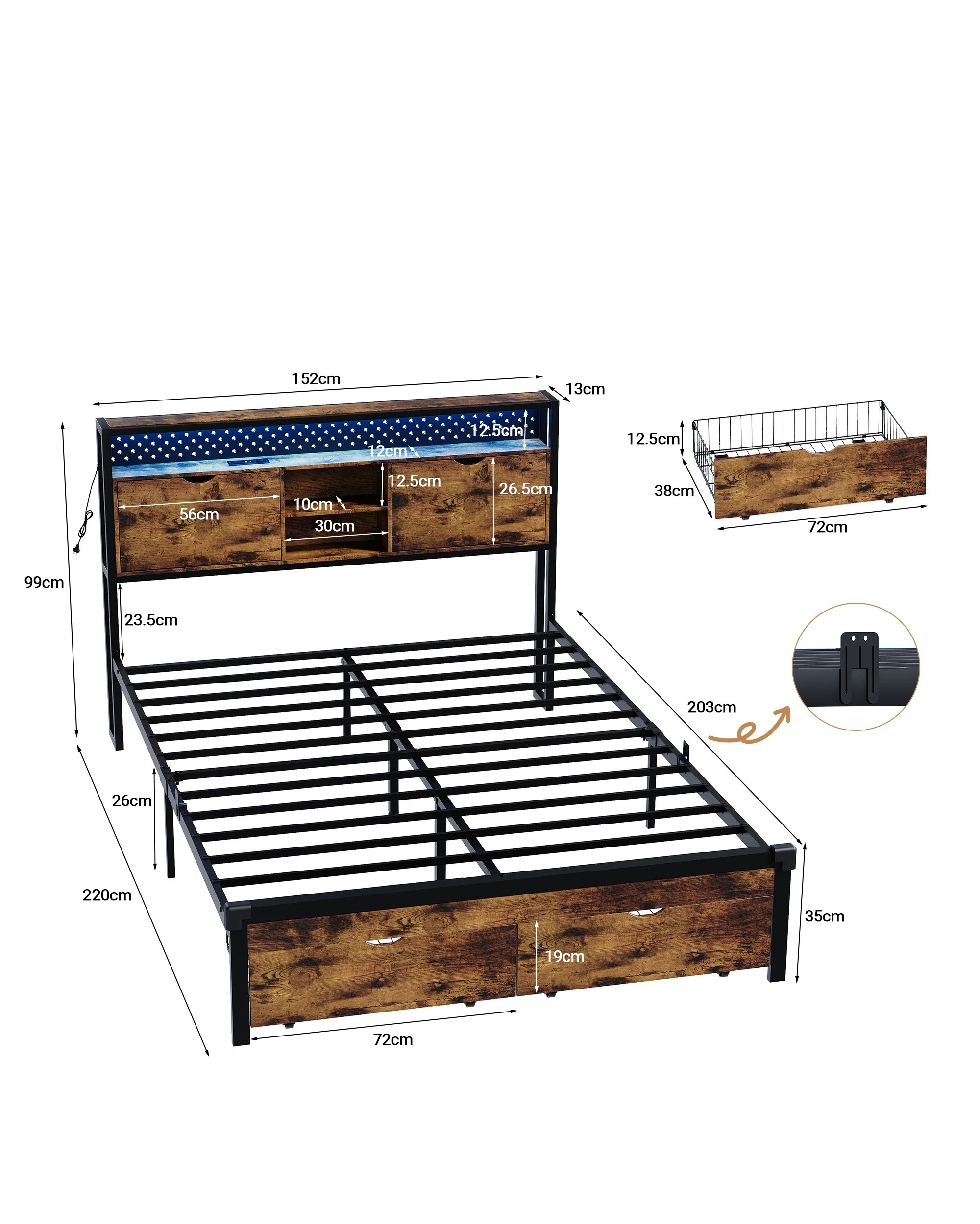 3 Advwin Queen Bed Frame with 2 Storage Drawers & LED Lights & Charging Station - Brown, 3 of 7
