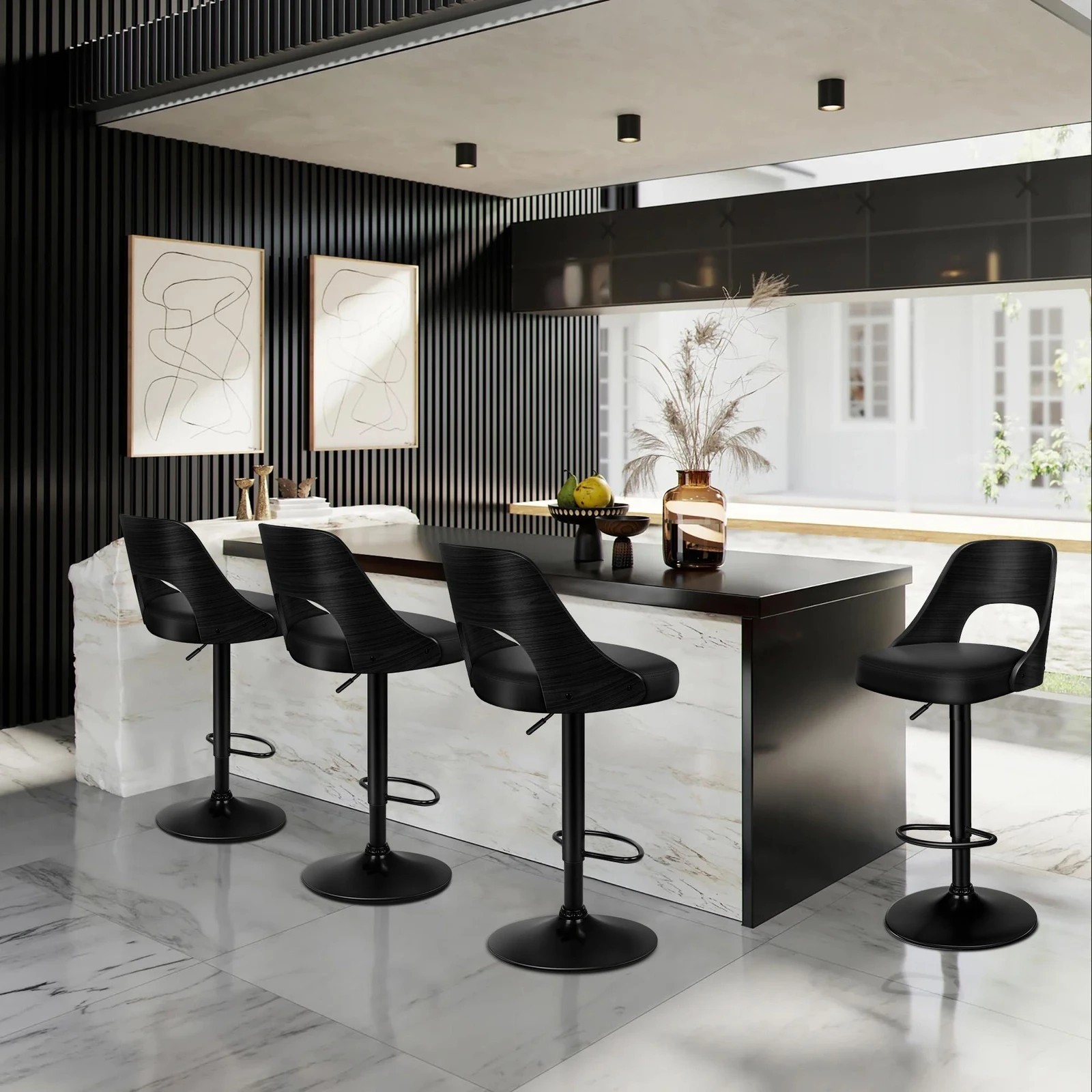 7 Alfordson 1x Bar Stool Kitchen Swivel Chair Wooden Leather Gas Lift - Black, 7 of 8