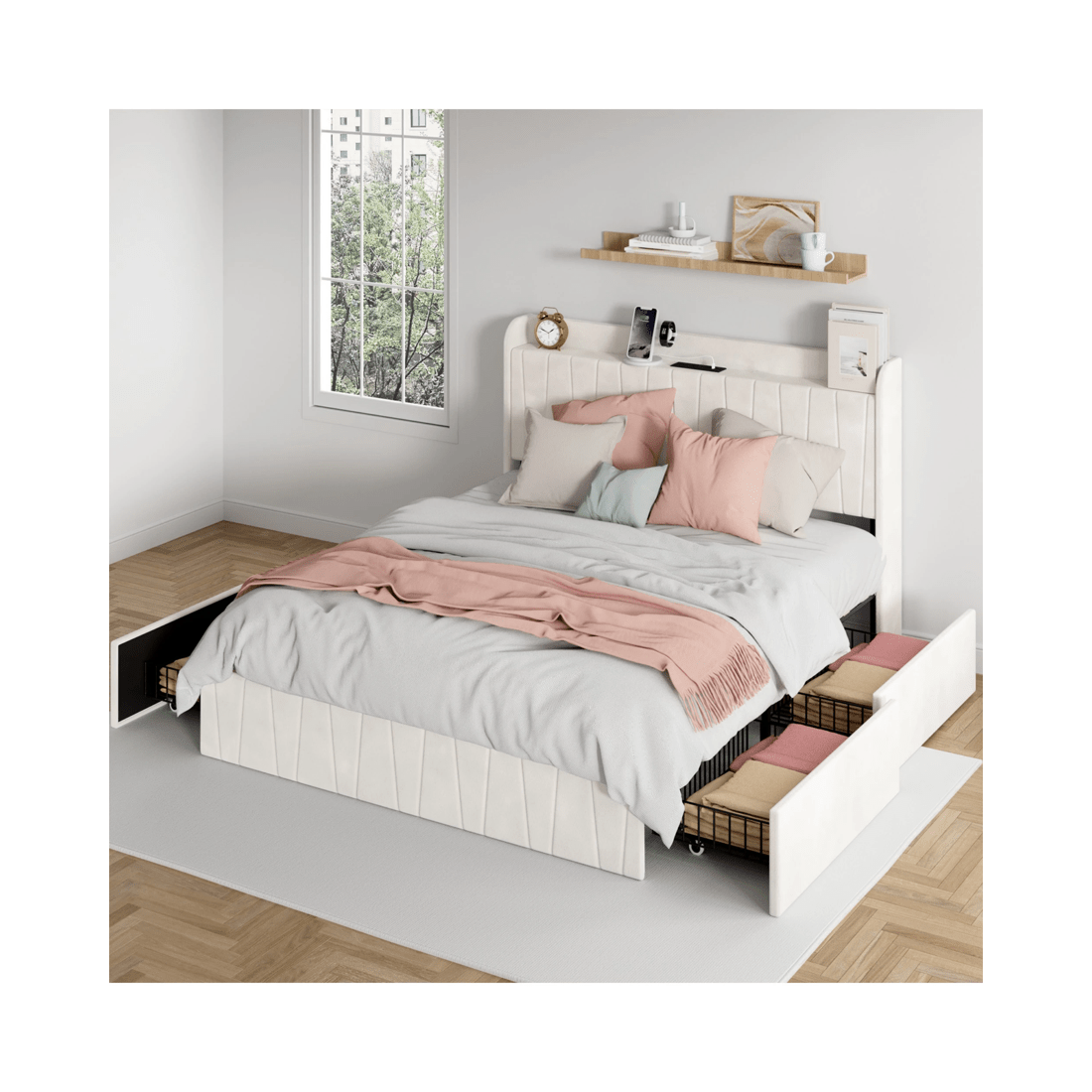 2 Advwin Double Bed Frame With 4 Storage Drawers & Charging Station Biege, 2 of 7