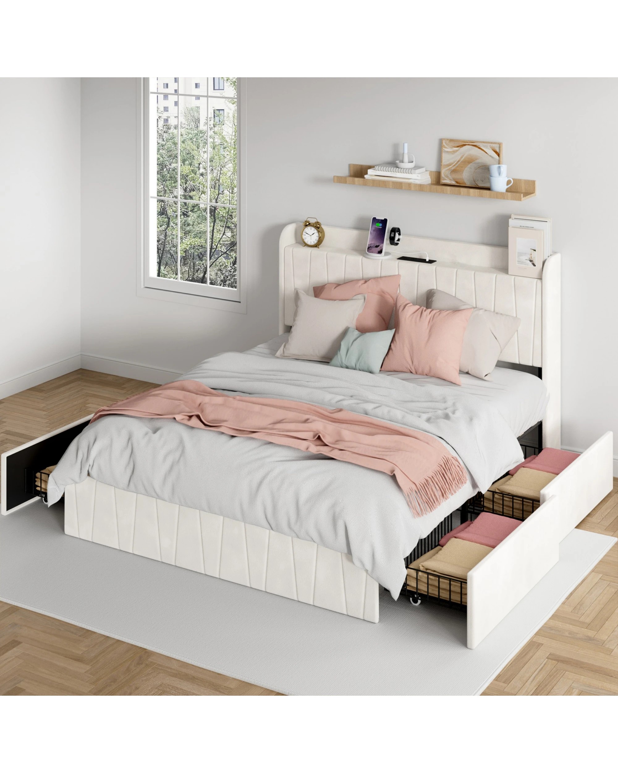 2 Advwin Double Bed Frame With 4 Storage Drawers & Charging Station Biege, 2 of 7